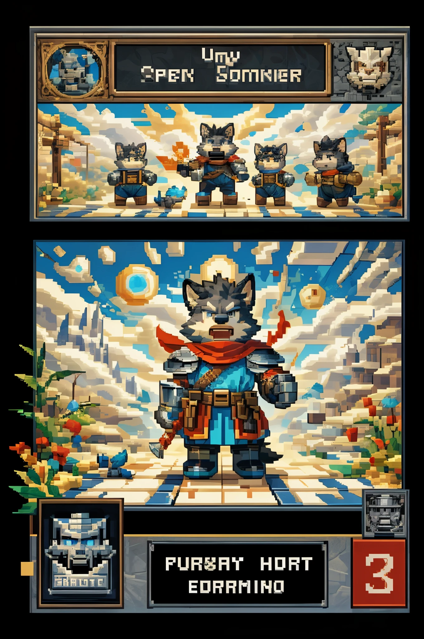 anthro(wolf), (gray-black fur:1.5), white beard, (((knight costume, long red cherry cloak))), by takemoto arashi, by kamyuel, by milkytiger1145, by 96panda, ((pixel art:1.5)), pixelated, solid color, (chibi:1.2), winner artwork, highres, cinematic shadow, (detailed background), User Interface of open world game, third person perspective, mmorpg, retro games, dots game, pixel art, dungeon, Crisis, (dynamic pose:1.6), assorted expression, full body, retro games, mario style game, medieval fantasy game, a game console from the 80s, a pixelated world,an adventurous hero with a sword a colorful and vibrant palette, high score challenge,retro game level design,immersive retro game environment