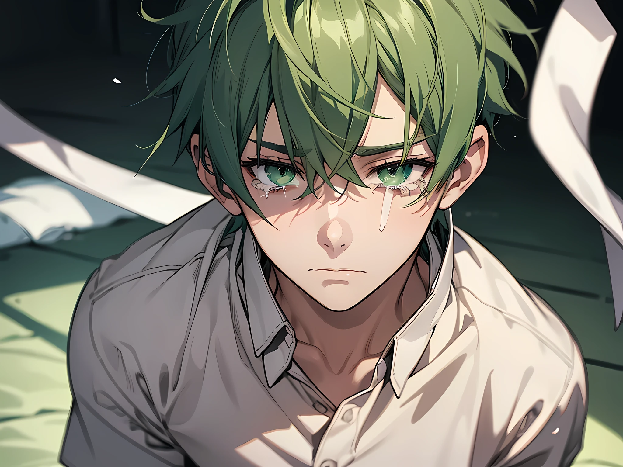 image of a boy with bandages on his face, he has wounds on face, green eyes, green hair, smooth hair, short hair, crying, wearing white school shirt, half body illustration, sad expression, loser, weakling