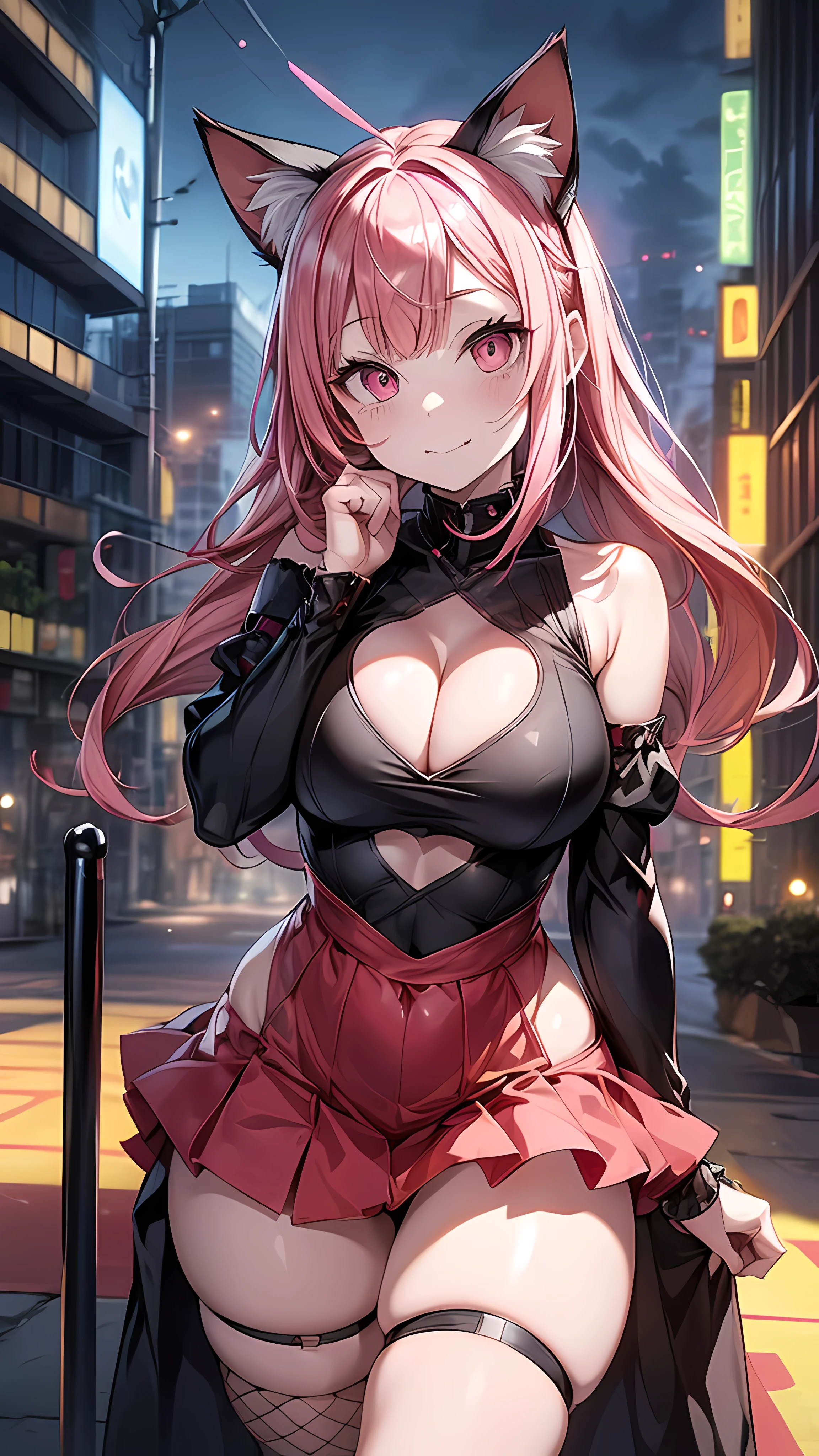 POV: Looking up at character, 1 female, cat girl, (((pale skin))), (((pink colored cat ears))), ((appearance: streaming red hair ribbons, radiant red colored eyes with cat shaped pupils,)), ((hair: long pink hair, straight hair, drills, side bangs, pink hair, pink cat ears)), ((body: , slender figure, large breasts, wide hips)), ((clothing: red dress, heart shaped cutout, black fishnets)), ((pose: action pose)), ((scene: rooftop in a busy metropolis)), high quality,best quality, 8k_wallpaper,extremely detailed eyes, (large masterpiece digital art), (detailed manga illustration), (detailed line art), ((perfect)) anatomy, best hands)), (intricate details:1.3), (ultra-detailed:1.3), (illustration:1.3), (sharp focus:1.3), (natural lighting:1.05), (vivid colors:1.3)