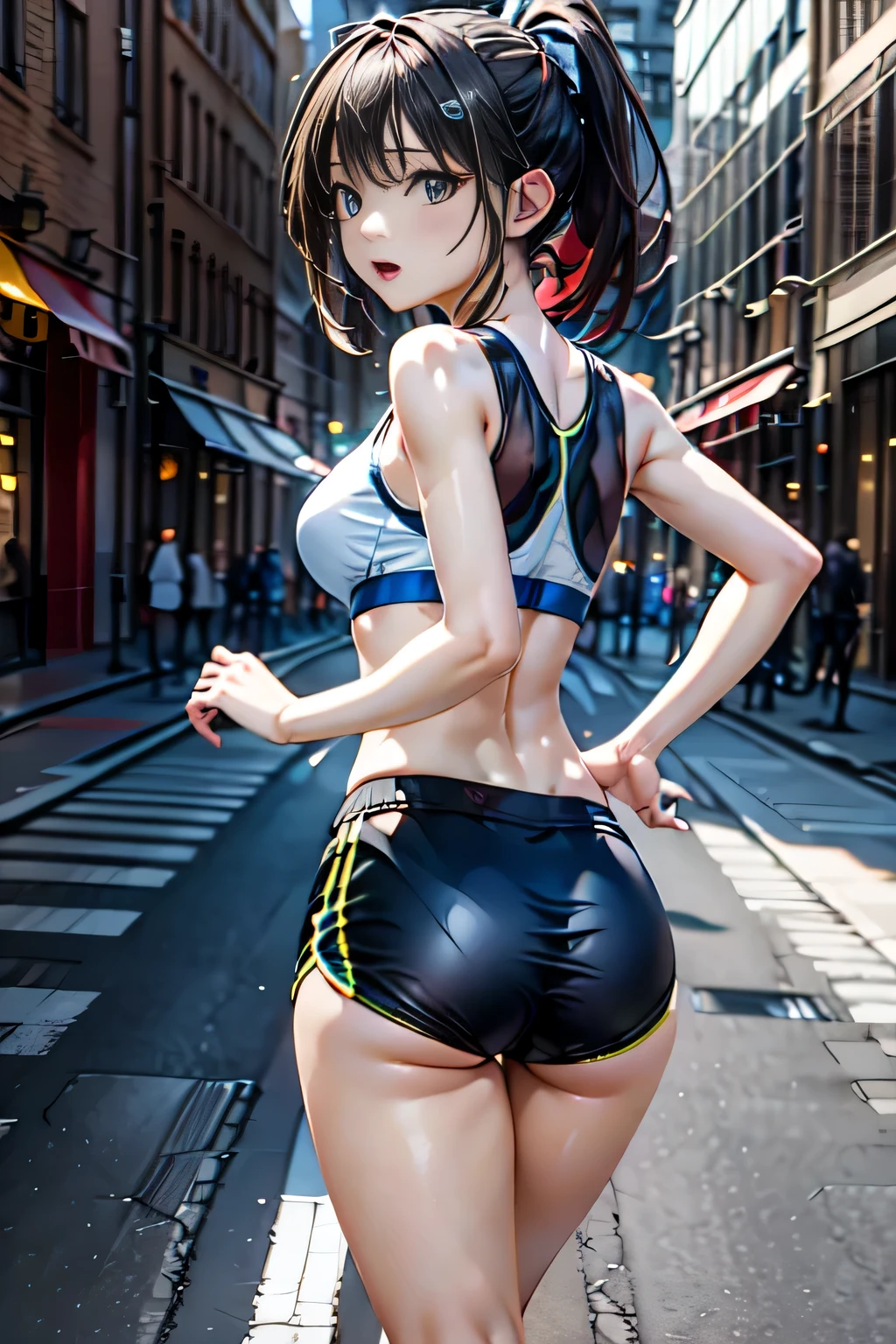 highest quality、cinematic lighting、 Girl wearing a blue sports bra and running pants、small ass、、small breasts、(running around town)、slender line、ponytail hair、cowboy shot、Shot from the front of a woman、horizontal angle、