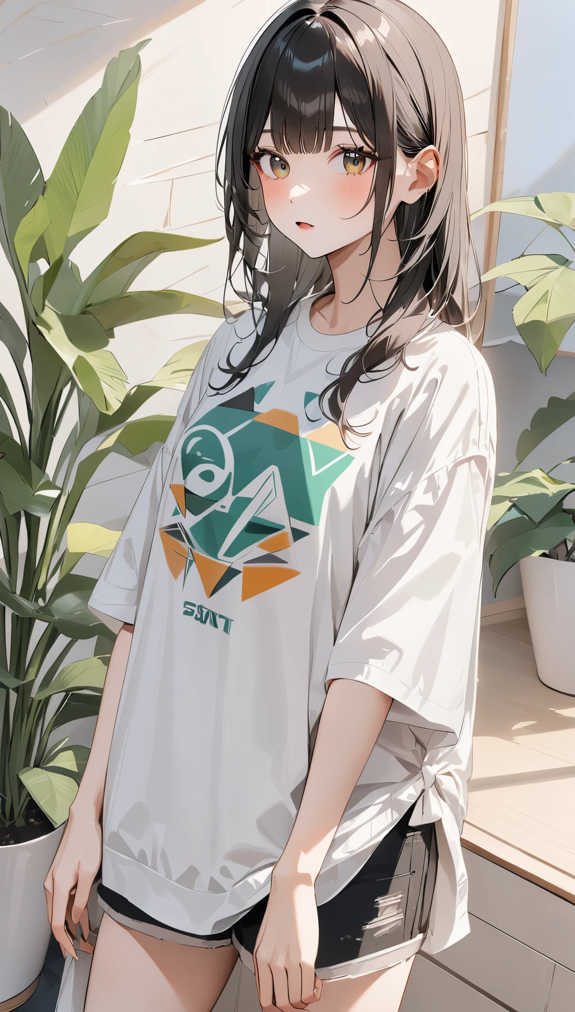 geometric pattern background:1.3、dark color、cute girl hair、look away、white baggyＴshirt、プリントshirt、loose clothing、retro、highest quality、super detailed、high quality details、green