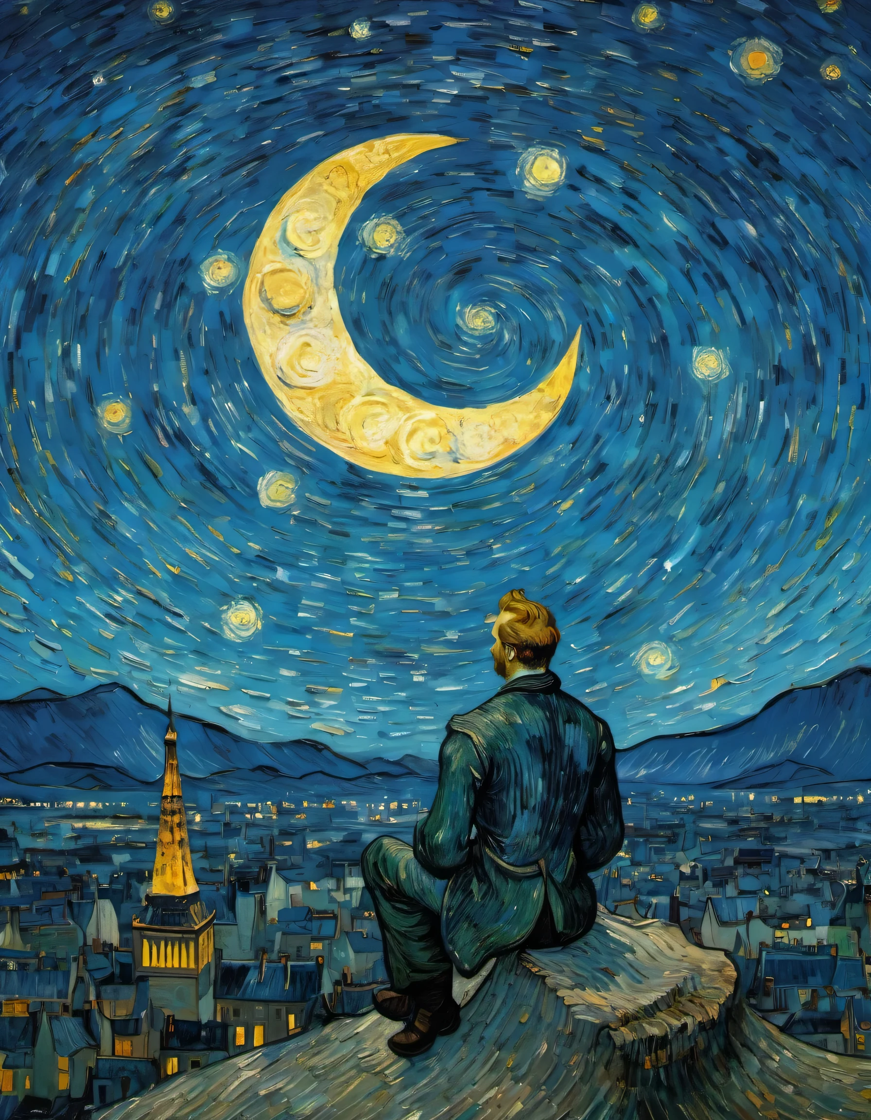 Vincent van Gogh sits on the crescent moon in the sky looking at the starry night