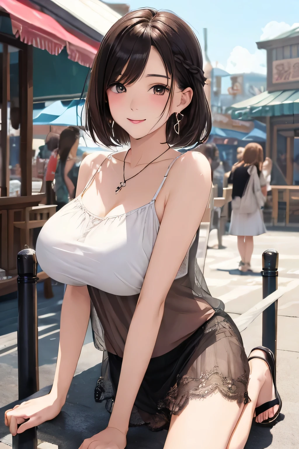 (highest quality、High resolution、detailed background、8K)、Beautiful and dense face、beautiful and smooth skin、skin texture、professional lighting、Beautiful girl in her 20s、(two women:1.2)、brown hair、bob cut、braided ponytail、Glasses、(huge breasts:1.3)、realistic、perfect body line、No bra、plump nipples、warm sunshine、Amusement park date、
sexy atmosphere、Confidence and Charm、Express yourself with confidence、Charm、
Refreshing and feminine style for spring、
Sheer material is transparent and gives a light and feminine impression.、
If you want a sheer top to be the focal point, choose a simple camisole or tank top in a similar color as an inner layer.、
If you want to enjoy sheerness, pair it with an inner layer with lace or embroidery details for a subtle accent.、
For spring, choose sheer tops in pastel or bright colors to bring out the seasonal feel.、
Choose a design with a high neck or ruffles for a more feminine look.、
We also recommend layering with a shirt or blouse made of sheer material as an outer layer.、
Add a simple necklace or earrings for a sophisticated look.、
Choosing accessories in metallic colors will give you a trendy look and add to the spring feel.、
Wear nude sandals for a light look on your feet.、
looking at me with a very happy expression、Have a slight blush、smiling、sexual expression、cute