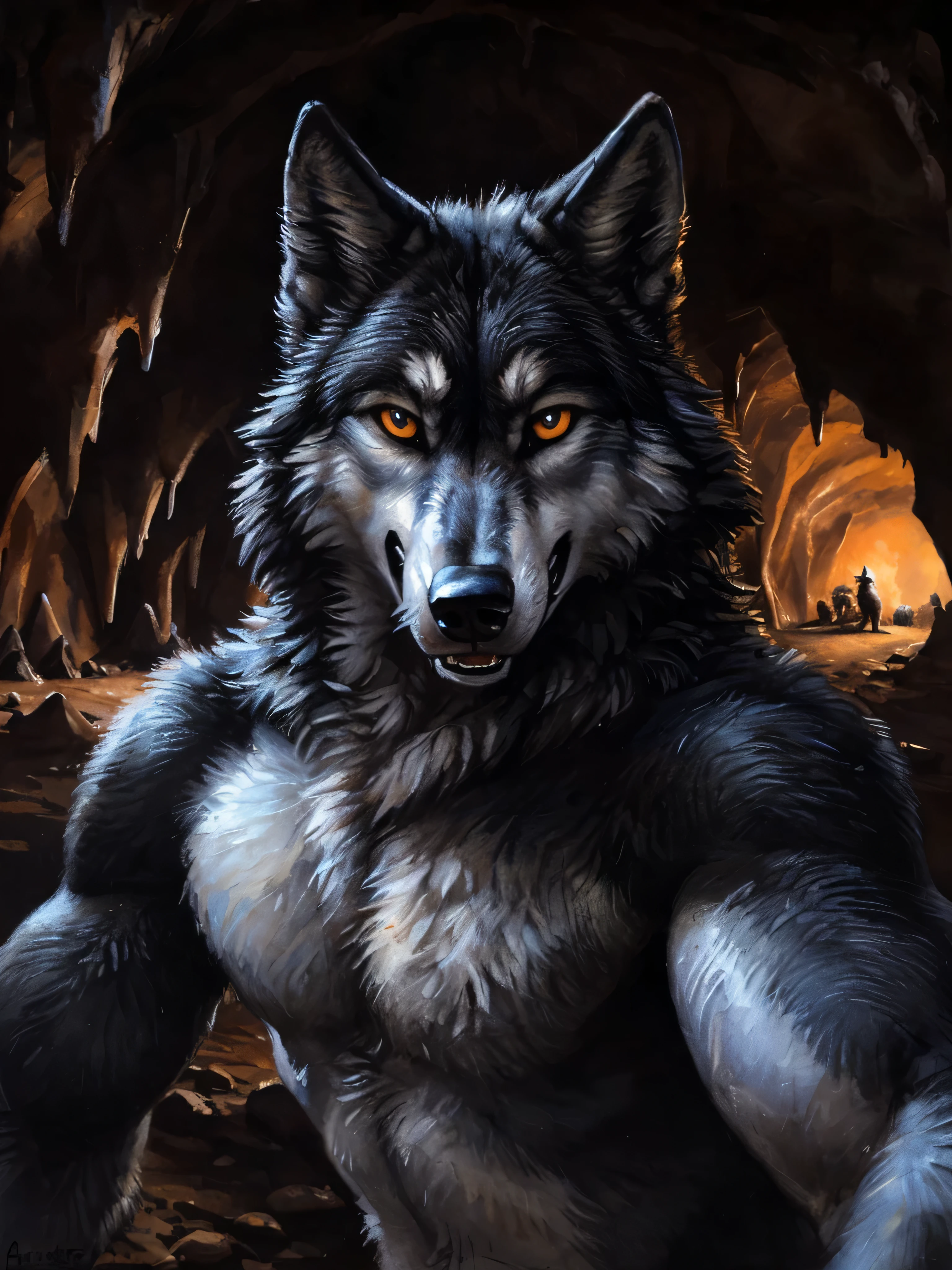 symmetrical eyes, dark retinas, ((large wide eyes, staring intensely at camera)), ((solo)), male, anthro, (black wolf), ((wolf tail:1.5)), (sheath, (balls)), ((black fur, thick fur, furry body)), (muscular, beefy), by blotch, by kenket, (masterpiece, high quality, 8k, (perfect hands), correct anatomy:1.2), ((threatening pose, mean expression)), ((mature male)), sexy, ((cave, dark background)),