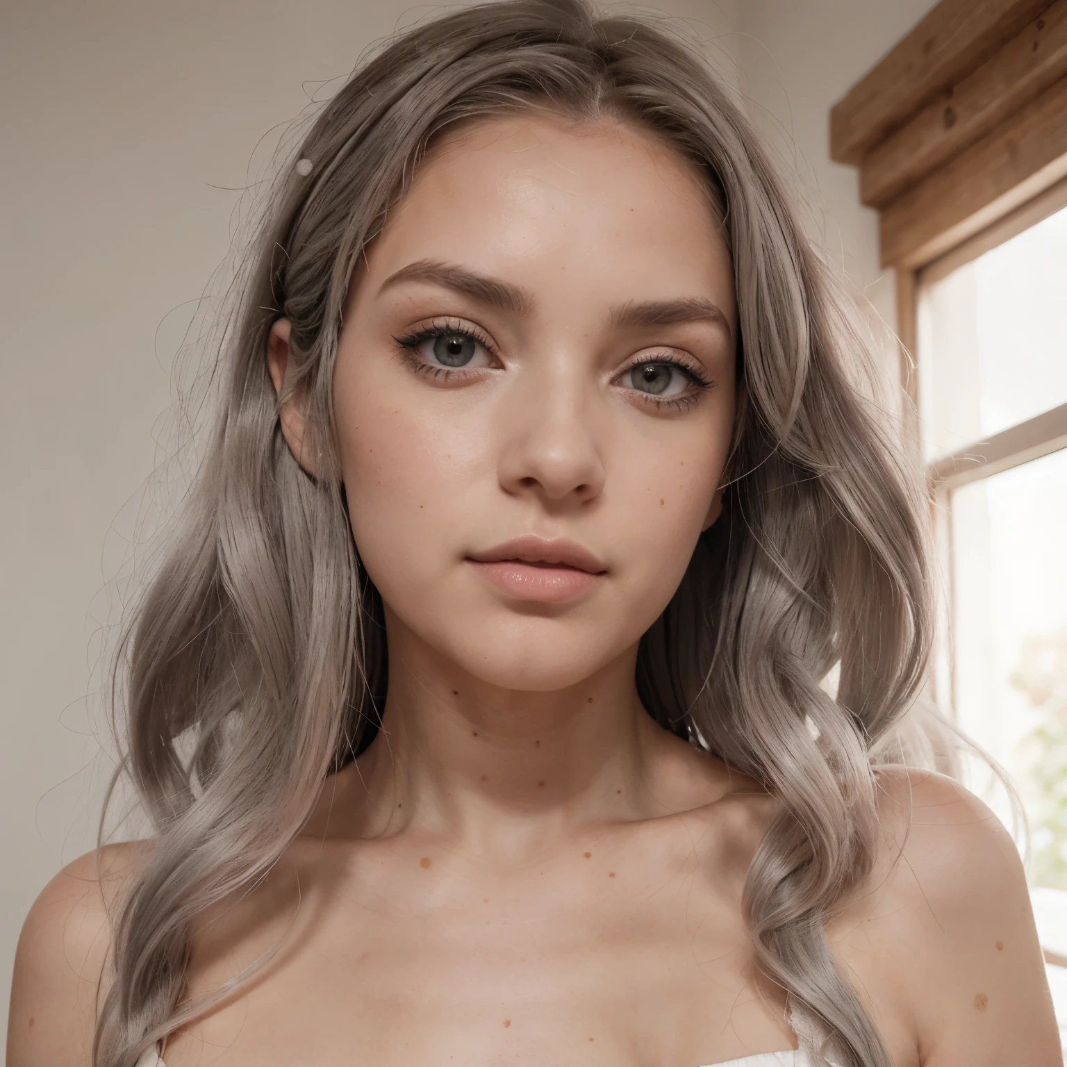 Mujer de cabello platinado largo y con ondas, piel palida, ojos redondos color gris, long eyelashes, pecas, labios carnosos rosas, mejillas sonrojadas ligeramente. Estaura media, small waist, small breasts and medium hips, en vestido medieval rojo
