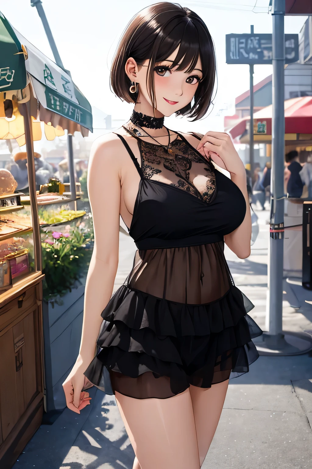 (highest quality、High resolution、detailed background、8K)、Beautiful and dense face、beautiful and smooth skin、skin texture、professional lighting、Beautiful girl in her 20s、(two women:1.2)、brown hair、bob cut、braided ponytail、(huge breasts:1.3)、realistic、perfect body line、No bra、plump nipples、warm sunshine、Amusement park date、
sexy atmosphere、Confidence and Charm、Express yourself with confidence、Charm、
Refreshing and feminine style for spring、
Sheer material is transparent and gives a light and feminine impression.、
If you want a sheer top to be the focal point, choose a simple camisole or tank top in a similar color as an inner layer.、
If you want to enjoy sheerness, pair it with an inner layer with lace or embroidery details for a subtle accent.、
For spring, choose sheer tops in pastel or bright colors to bring out the seasonal feel.、
Choose a design with a high neck or ruffles for a more feminine look.、
We also recommend layering with a shirt or blouse made of sheer material as an outer layer.、
Add a simple necklace or earrings for a sophisticated look.、
Choosing accessories in metallic colors will give you a trendy look and add to the spring feel.、
Wear nude sandals for a light look on your feet.、
looking at me with a very happy expression、Have a slight blush、smiling、sexual expression、cute
