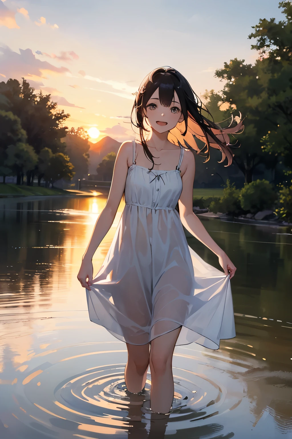 A girl wearing a white dress is bathing in the river, getting wet, having fun, no make-up, rural scenery, sunset,