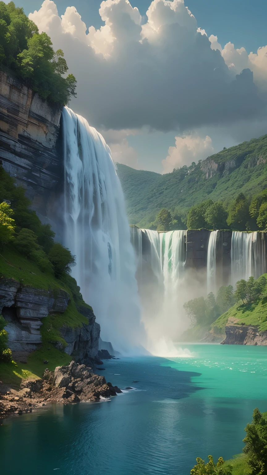 there is a large waterfall that is in the middle of a lake, waterfalls and lakes, immense waterfall, stunning waterfall, beautiful stunning waterfall, huge waterfalls, floating waterfalls, incredibly beautiful, an endless waterfall, huge waterfall, majestic nature scenery, beautiful waterfall, peaceful beautiful waterfall, high waterfalls, lakes and waterfalls, waterfalls, waterfalls in the background, stunning nature in background