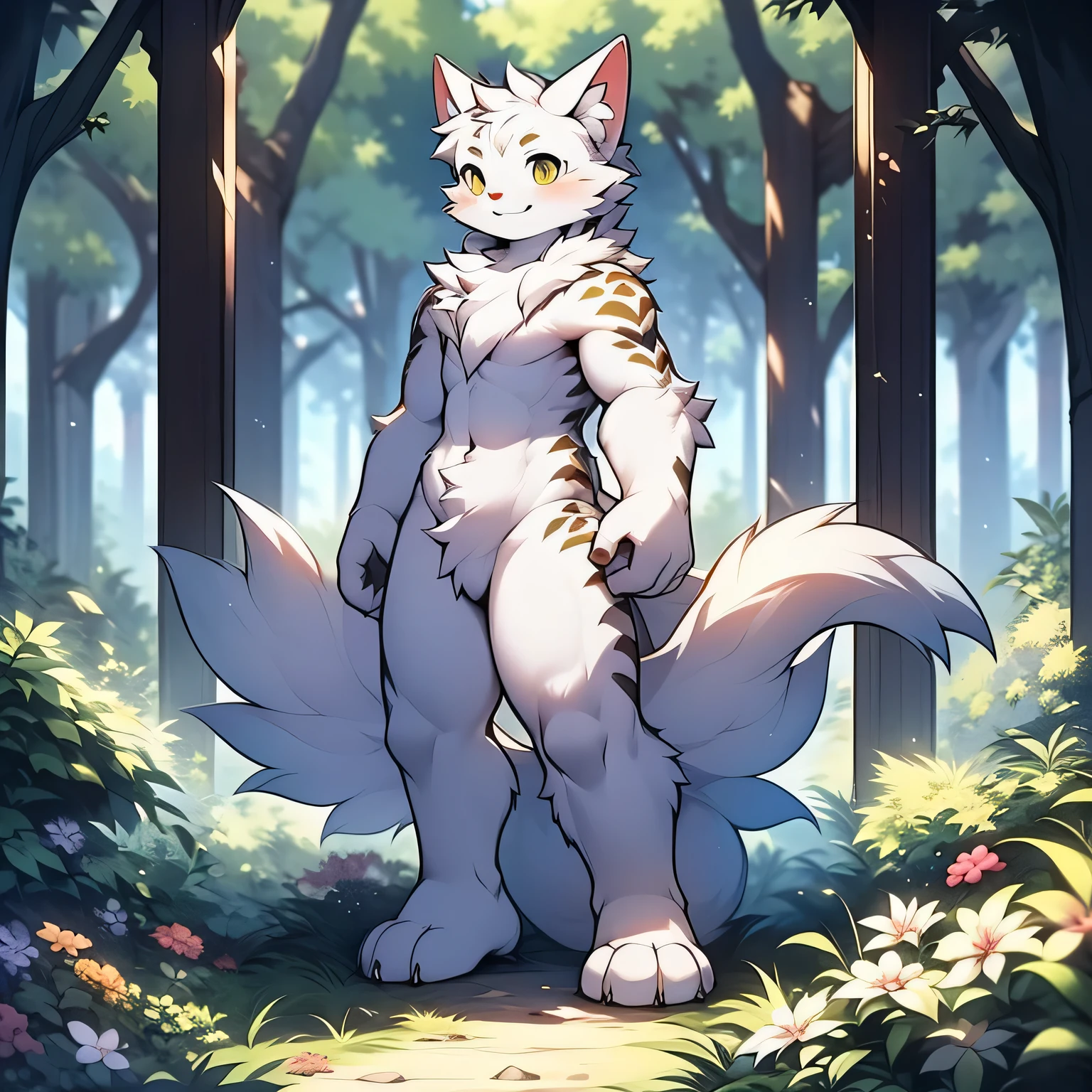anthropomorphic cat,fluffy fur,Yellow and white patterned fur embellished,Males,Alone,masterpiece,best quality,smiling,Handsome,Energetic,Extremely detailed,standing,perfect,Whole body naked,High,in the forest(8K)