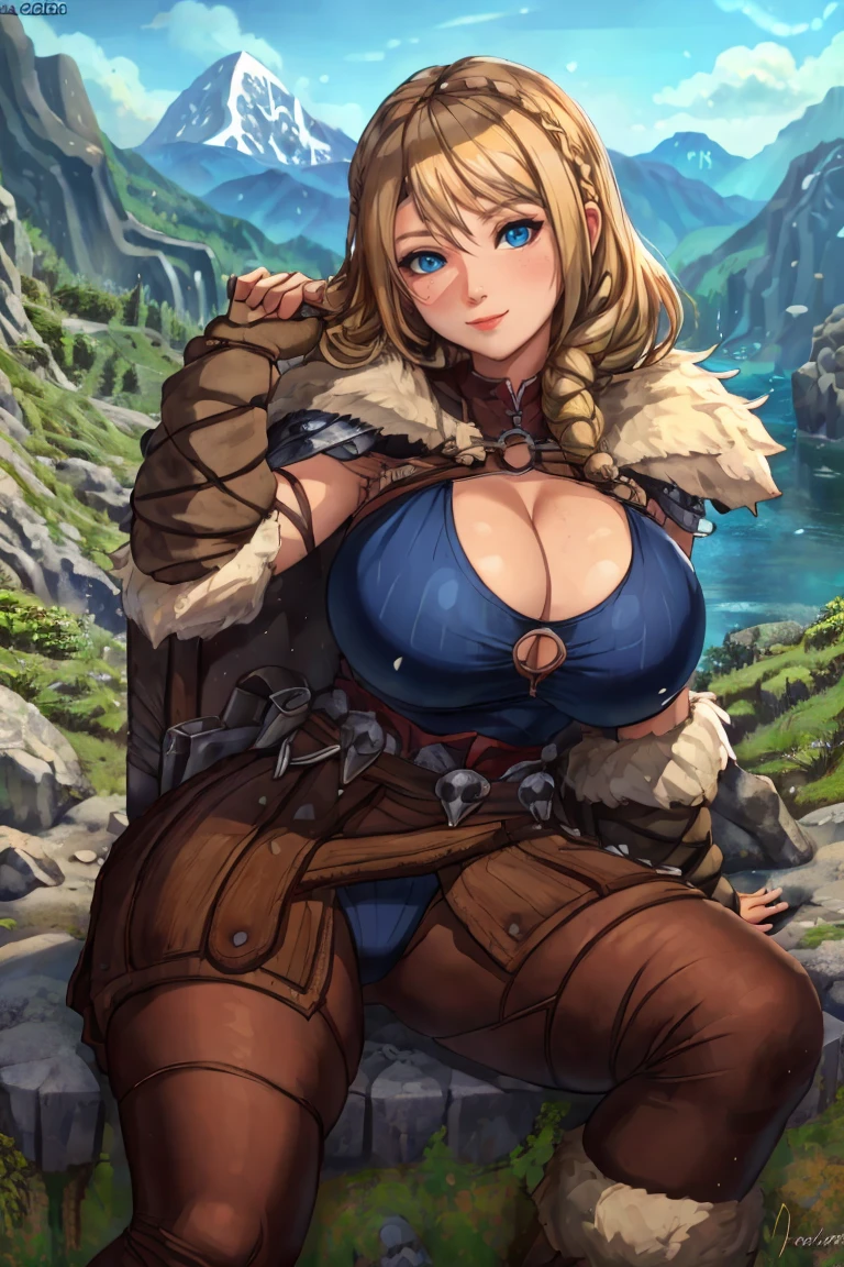 astrid, 1girl, solo, high quality, masterpiece, cleavage, huge breasts, sitting, rock, mountains