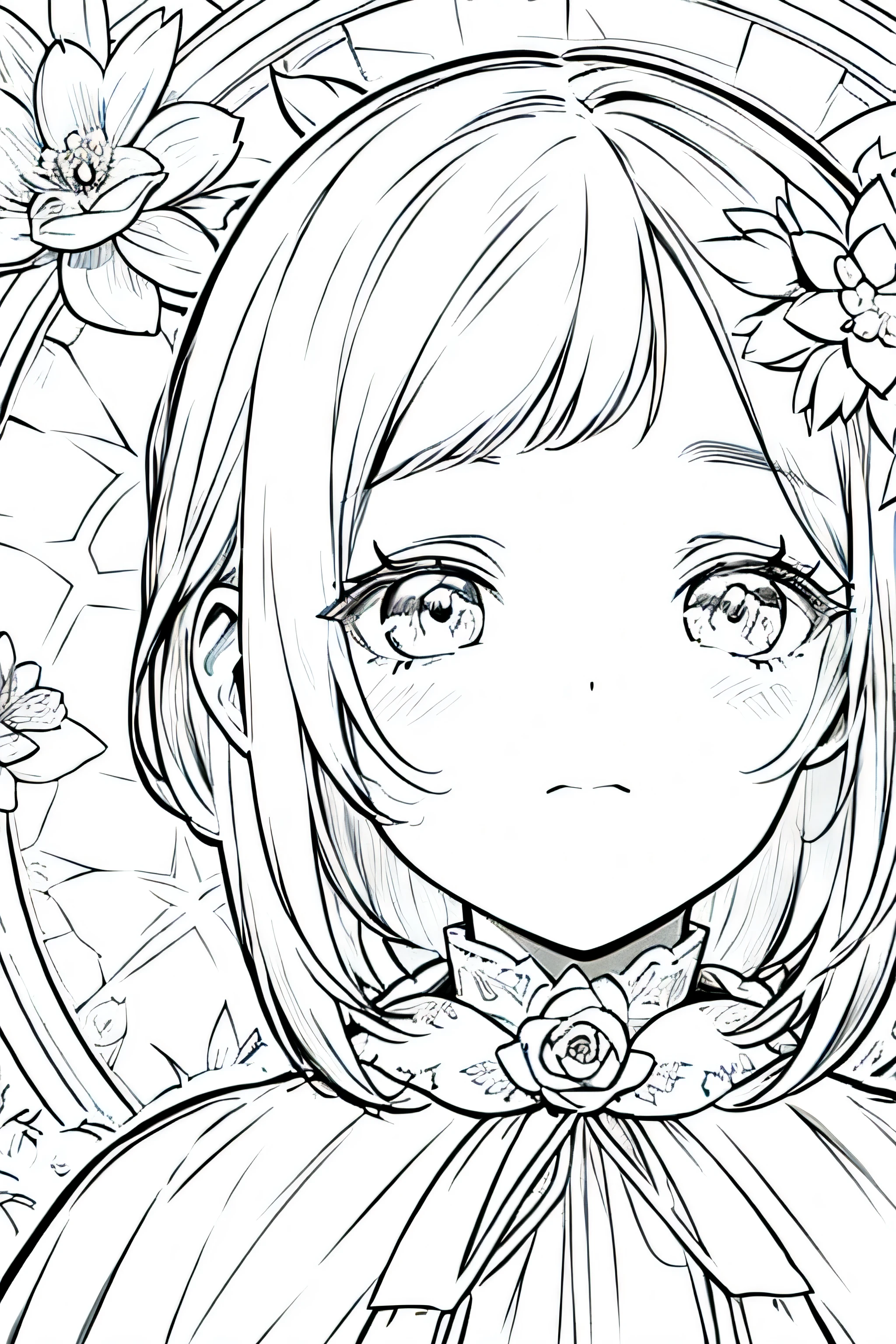 Detail face, ((Perfect details)), Cold light, ((Data in eyes)), ((Data embellishment hair)), Line drawing, Monochrome, Line drawing cute baby, white hair, flower line drawing background