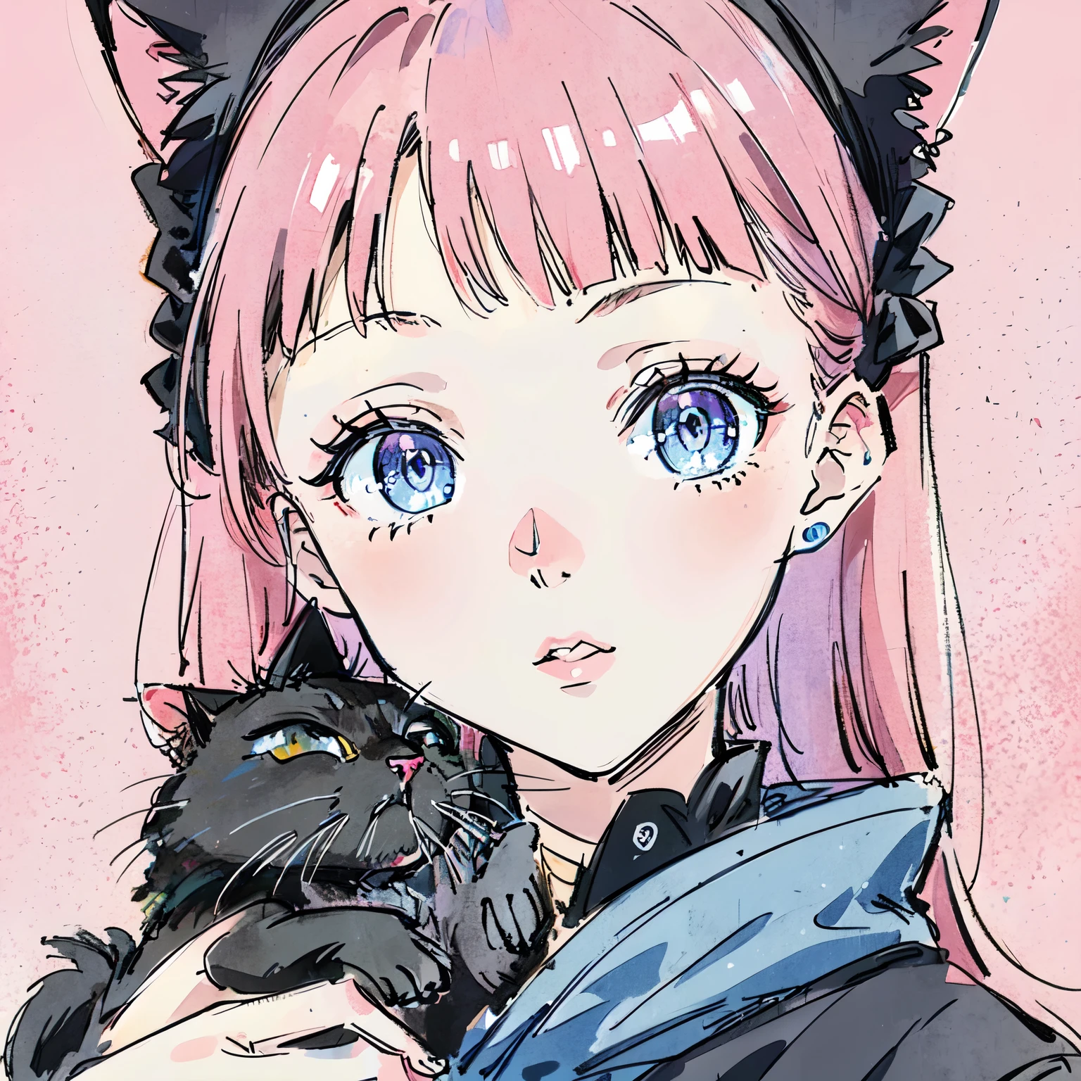 Girl with cat, black cat, pink hair blue eyes, avatar