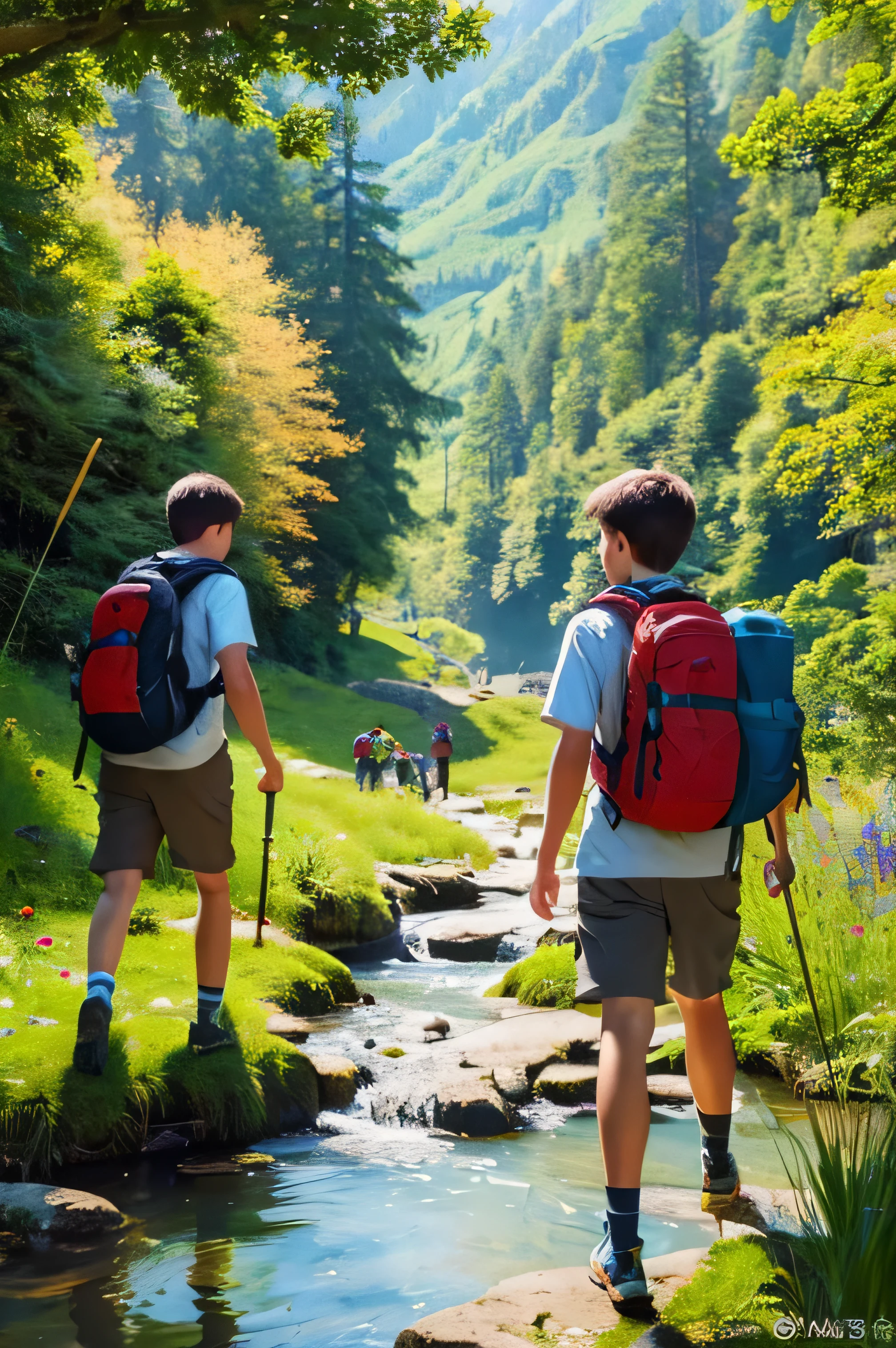 A group of boys, wearing hiking gear, embarking on a journey to a majestic mountain. The boys are energetic and full of excitement, ready to conquer the challenging trail. They are accompanied by experienced guides who lead the way, ensuring the safety of the boys throughout their adventure.

The medium used to depict this artwork is oil painting, which emphasizes vibrant brushstrokes and the richness of colors. The painting is highly detailed, capturing the intricate features of each boy's face, such as their joyful expressions, bright and wide eyes, and mischievous smiles. Their lips are depicted with delicate precision, showcasing their youthful enthusiasm.

The surrounding scenery showcases the beauty of nature, with lush green meadows and towering trees. The sunlight filters through the foliage, creating a warm and inviting atmosphere. The boys' hiking gear is meticulously depicted, including their sturdy boots, backpacks, and walking sticks, adding to the authenticity of the artwork.

The image quality is of the utmost importance in this artwork, emphasizing the best quality, high resolution, and ultra-detailed features. The painting exhibits a realistic and photorealistic style, making the viewer feel as if they are part of the breathtaking landscape.

The colors of the painting are vibrant and vivid, with a focus on natural hues. The lush green of the meadows, the deep blue of the sky, and the warm tones of the sunlight create a harmonious and inviting palette.

The lighting in the painting is carefully crafted to enhance the overall atmosphere. The sunlight casts soft, warm rays, highlighting the boys' faces and illuminating the details of the landscape. The interplay between light and shadow adds depth and dimension to the artwork.

This prompt creates the foundation for Stable Diffusion to generate a high-quality image of a group of boys embarking on a hiking journey to a magnificent mountain. The prompt ensures that specific details, such as the boys' fa