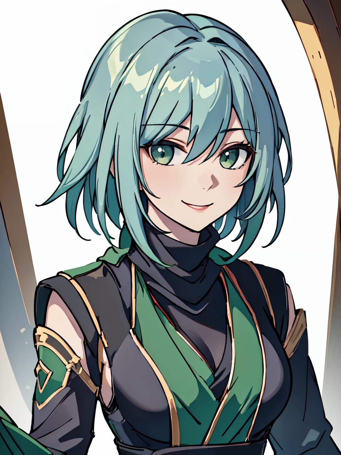 masterpiece, best quality, 1girl, short green pastel hair, black shirt, turtleneck, long scarf, green scarf, armor, shinobi, ponytail, glasses, smile