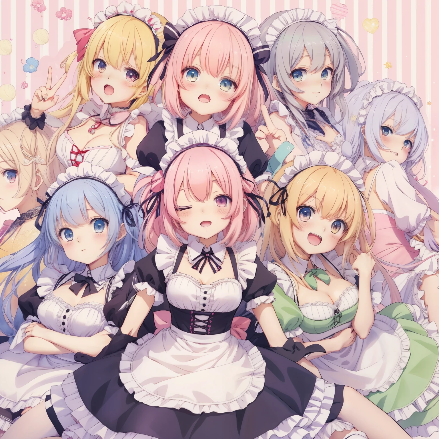 anime girls in maid dresses posing for a group photo, anime maids riding early tanks, sh, anime girls, anime girl in a maid costume, splash art anime , maid outfit, maid dress, , pixiv, cute anime, hololive, , ecchi anime style, portrait of magical girl