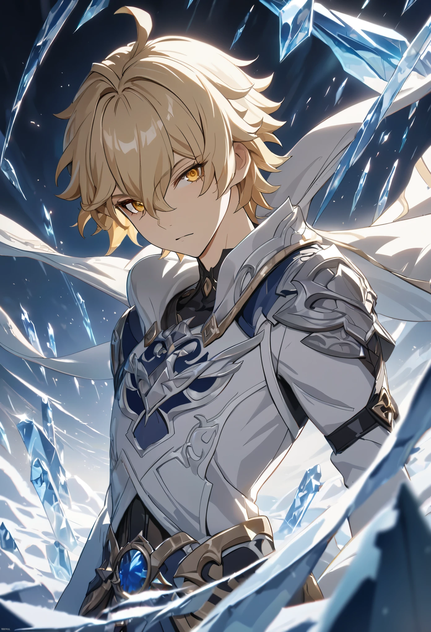 ((solo)), yellow eyes, blond hair, short messy hair, a close up of a person with a sword in a field of ice, detailed key anime art, honkai star trail character, casimir art, masamune shiro, masamune, handsome guy in demon slayer art, genshin, heise jinyao, shadowverse style, (no logos), ice, ice powers, blizzards, detailed clothes, eye reflection, depth of field, cinematic lighting, ray tracing, depth of field, cinematic lighting, ray tracing, UHD, high details, best quality, highres, high quality, award winning, super detail, masterpiece, 8k, UHD, high details, best quality, highres, high quality, award winning, super detail, masterpiece, 8k