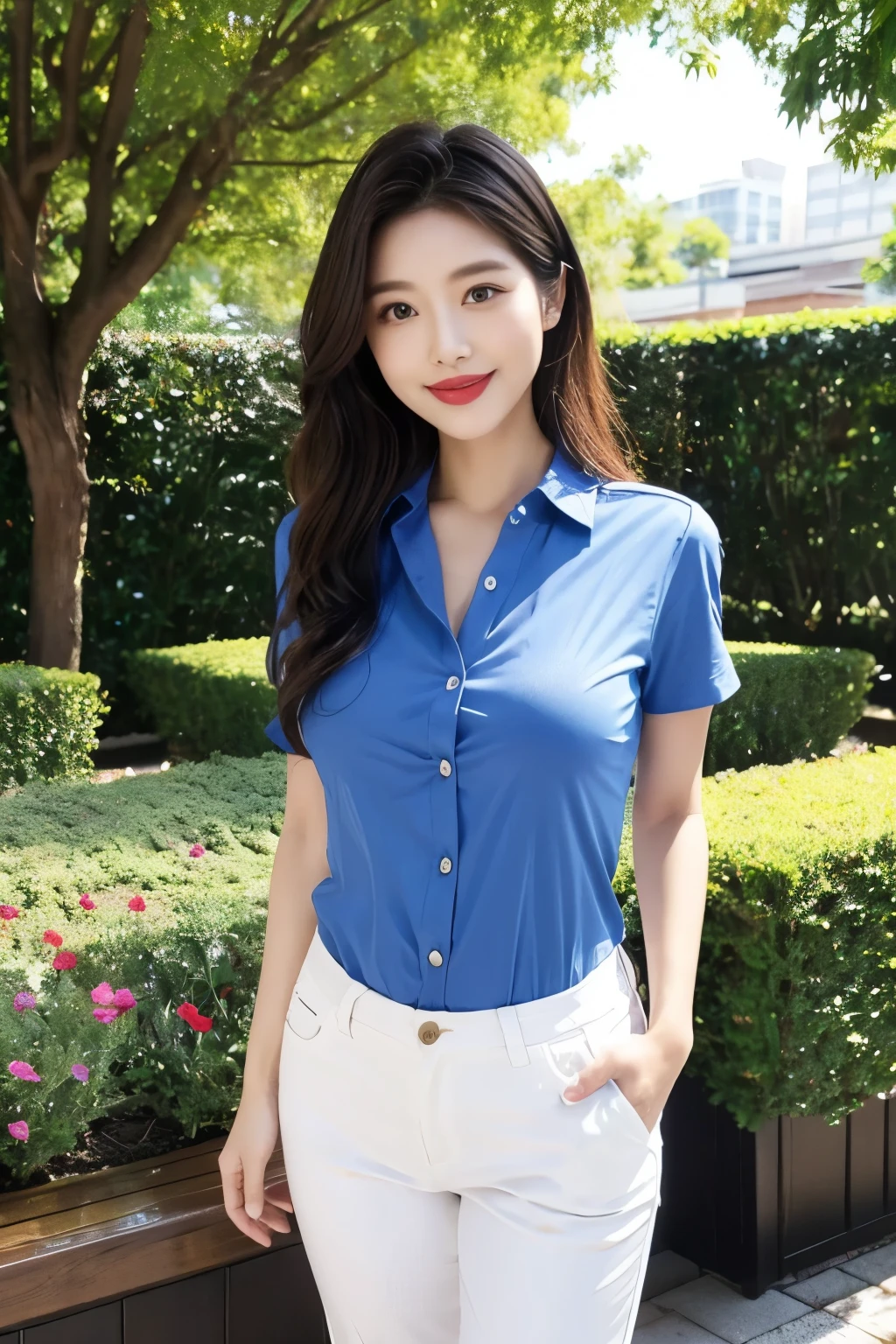 Draw lips correctly, red lipstick, from chest up, best quality, Super detailed, lifelike, Super fine skin, perfect anatomy, (1 日本Mature的女人), (alone),Wear a blue shirt,short sleeves,white jeans、trousers,wavy long hair,37-year-old female,Mature,charming smile,garden background,stand,Leg length,Chubby body,Big breasts,stand up,full-body shot