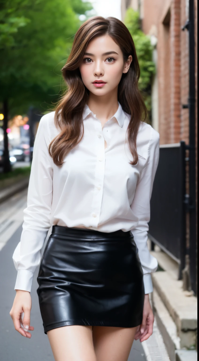 (highest quality、masterpiece:1.2)、(realistic、Photoreal:1.37)、super detailed、(Beautiful girl:1.4)、1 girl、brown haired、slender body、sexy office lady、see-through shirt、(black leather mini skirt)、downtown、(open legs)、