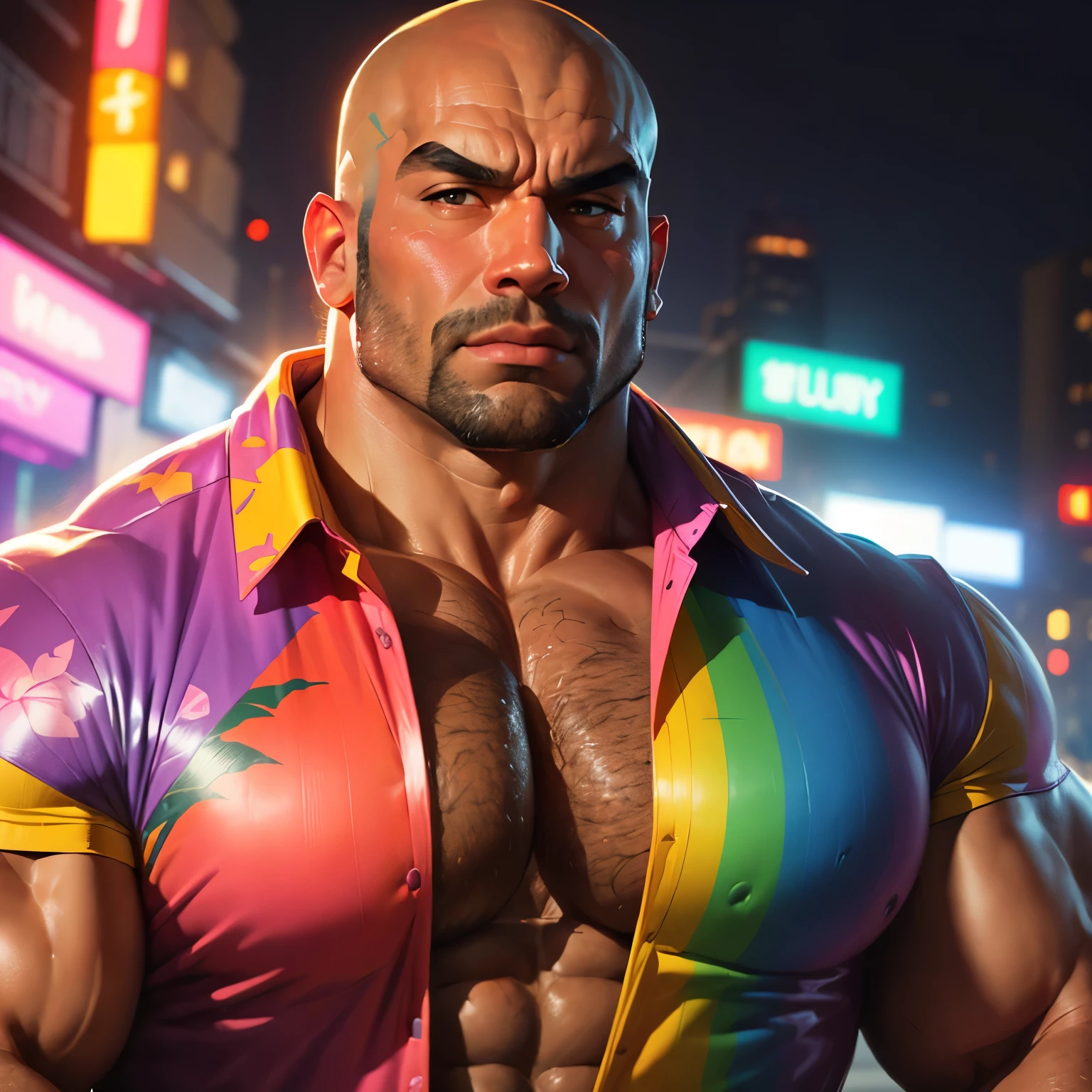 an exaggeratedly muscular and large bald bodyguard, beefy build, mixed race, (wearing rainbow colored Hawaiian shirt: 1.2), (bara pecs: 1.3), (arm and chest hair: 1.1), close-up portrait HD, night club with pink lights