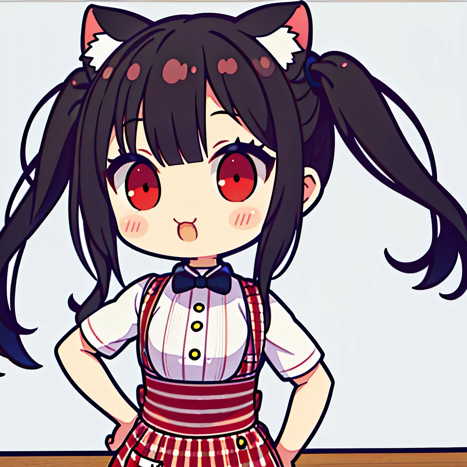 1 chica, chibi, Cup of coffee, symmetrical pose, cola, kawaii, en taza, speak from the heart, ,((long hair with pigtails and a black fringe with cat ears, beautiful red eyes)), (simple restaurant background)