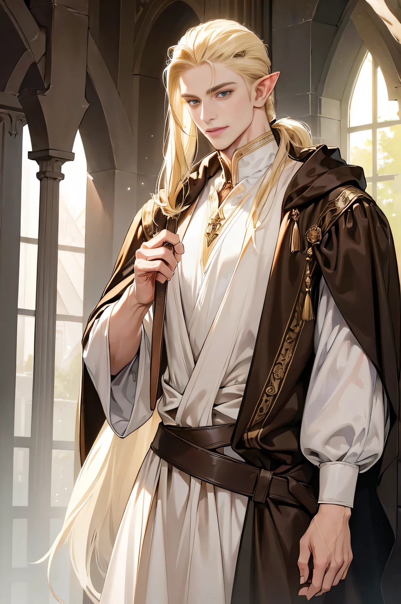 (((((male))))), masterpiece, ultra detailed, 8K Portrait, Raw photo, man's portrait photography, Highly detailed face, beautiful and meticulous eyes, ((Fantasy)), 35 years old (((man))), (((Male body))), elf, 190 cm, tall, Glasses, ((Blonde)) Ponytail (((slick back hair))), Kind face, Smile, adventurer, Hooded (((Dark brown silk long cloak))) Fluttering in the wind, (((white long tunic))), Leather boots, Holding a long magic sword, Midday Sun, Hyper realistic, Strong body, Long legs, in a castle, Ambient lighting, Shadow details , Camera focus on face, strong breeze, Light fog