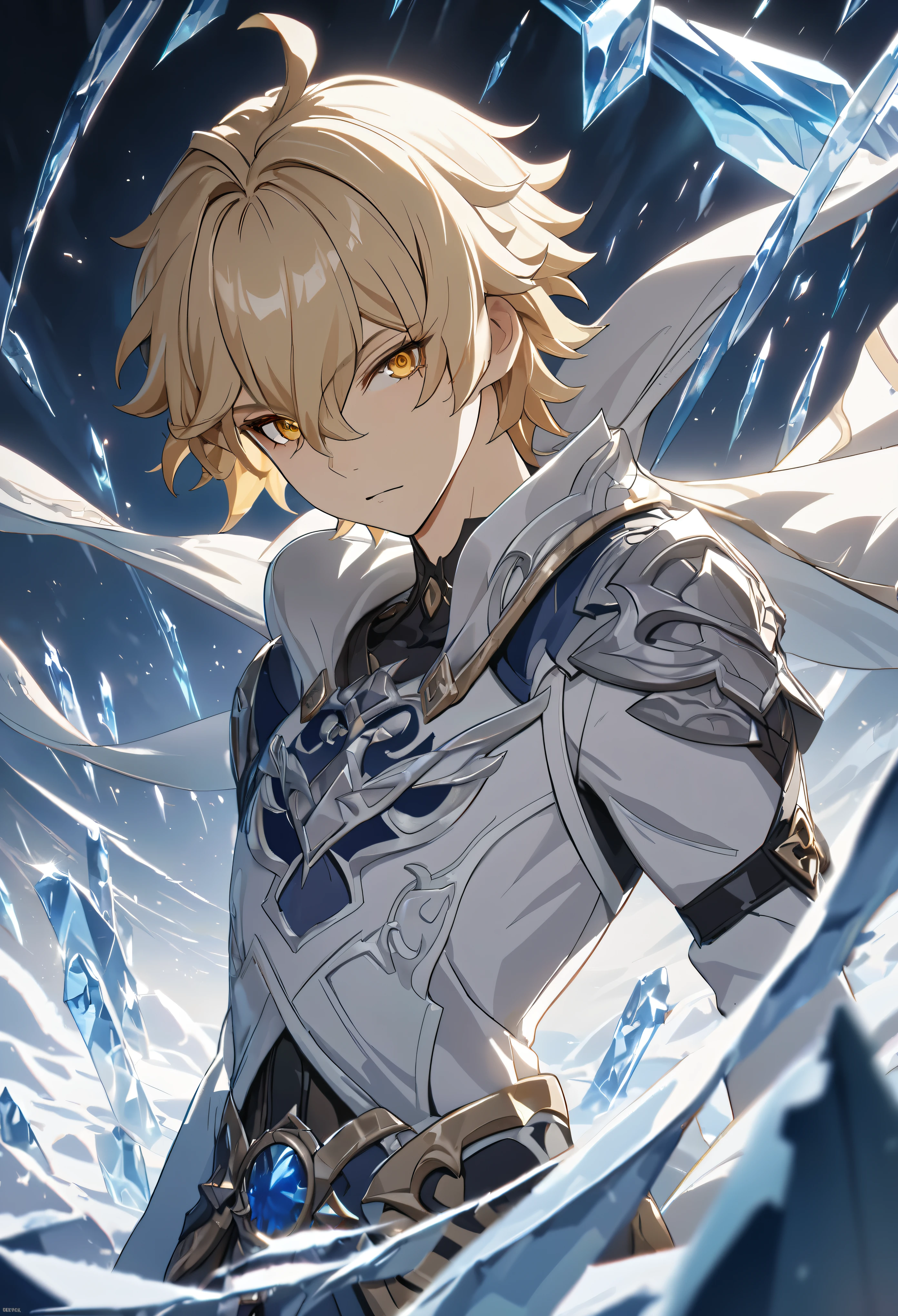 ((solo)), yellow eyes, blond hair, short messy hair, a close up of a person with a sword in a field of ice, detailed key anime art, honkai star trail character, casimir art, masamune shiro, masamune, handsome guy in demon slayer art, genshin, heise jinyao, shadowverse style, (no logos), ice, ice powers, blizzards, detailed clothes, eye reflection, depth of field, cinematic lighting, ray tracing, depth of field, cinematic lighting, ray tracing, UHD, high details, best quality, highres, high quality, award winning, super detail, masterpiece, 8k, UHD, high details, best quality, highres, high quality, award winning, super detail, masterpiece, 8k