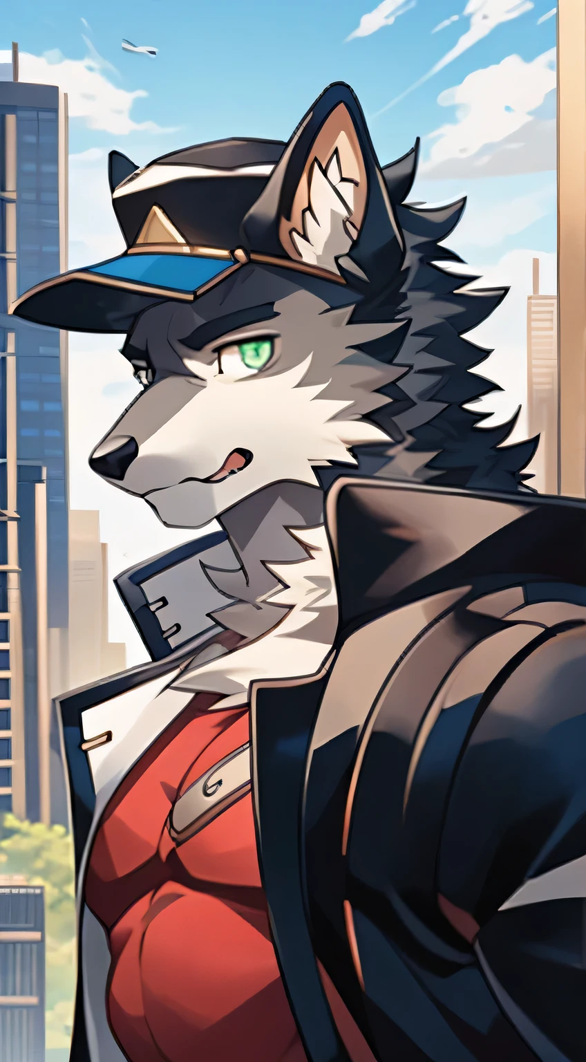 Gray wolf，City，green pupils，Handsome，have a better figure，Long black coat，Black peaked cap，Cai Xukun&#39;s，Serious expression