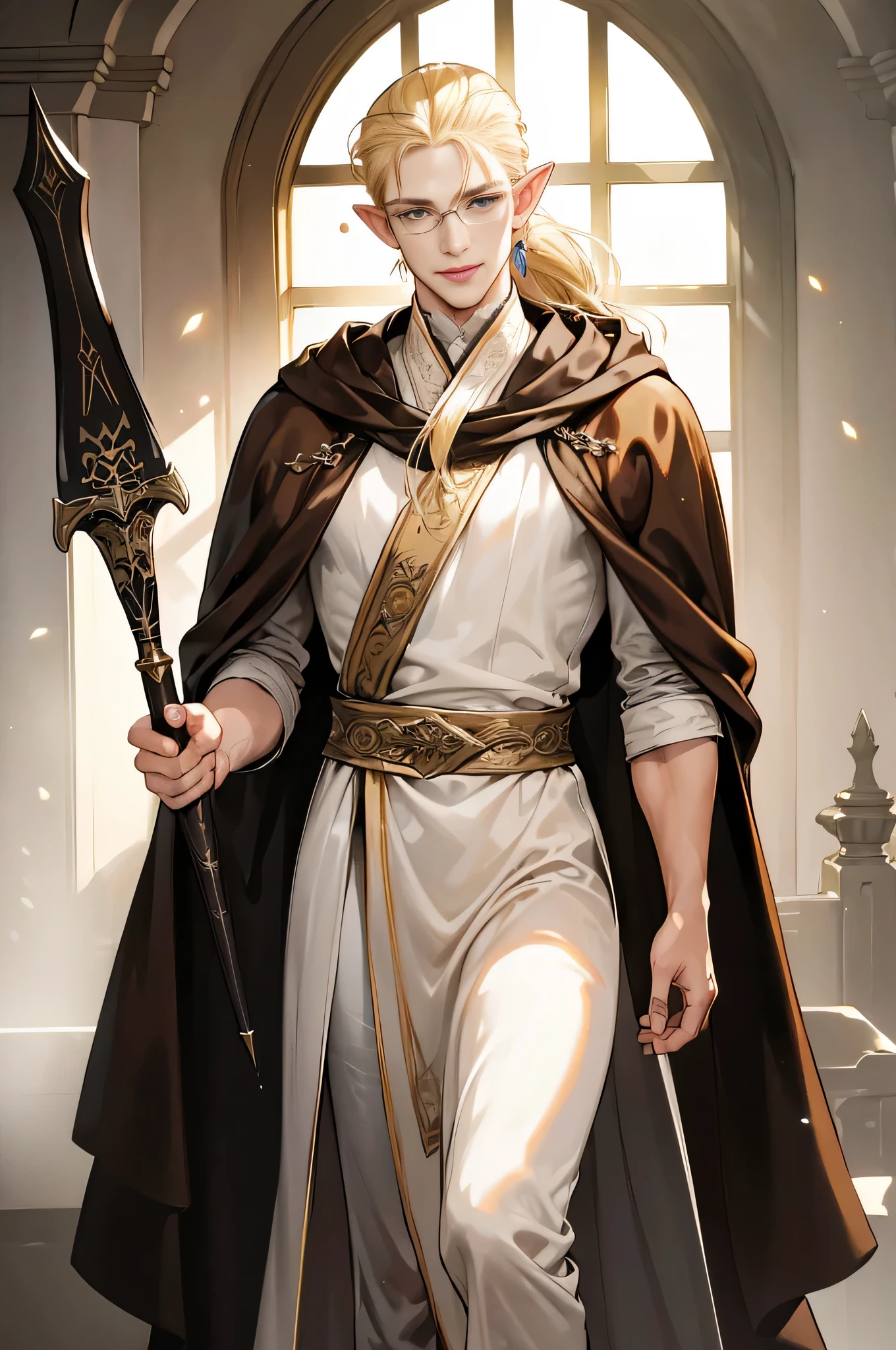(((((male))))), masterpiece, ultra detailed, 8K Portrait, Raw photo, man's portrait photography, Highly detailed face, beautiful and meticulous eyes, ((Fantasy)), 35 years old (((man))), (((Male body))), elf, 190 cm, tall, Glasses, ((Blonde)) Ponytail (((slick back hair))), Kind face, Smile, adventurer, Hooded (((Dark brown silk long cloak))) Fluttering in the wind, (((white long tunic))), Leather boots, Holding a long magic sword, Midday Sun, Hyper realistic, Strong body, Long legs, in a castle, Ambient lighting, Shadow details , Camera focus on face, strong breeze, Light fog