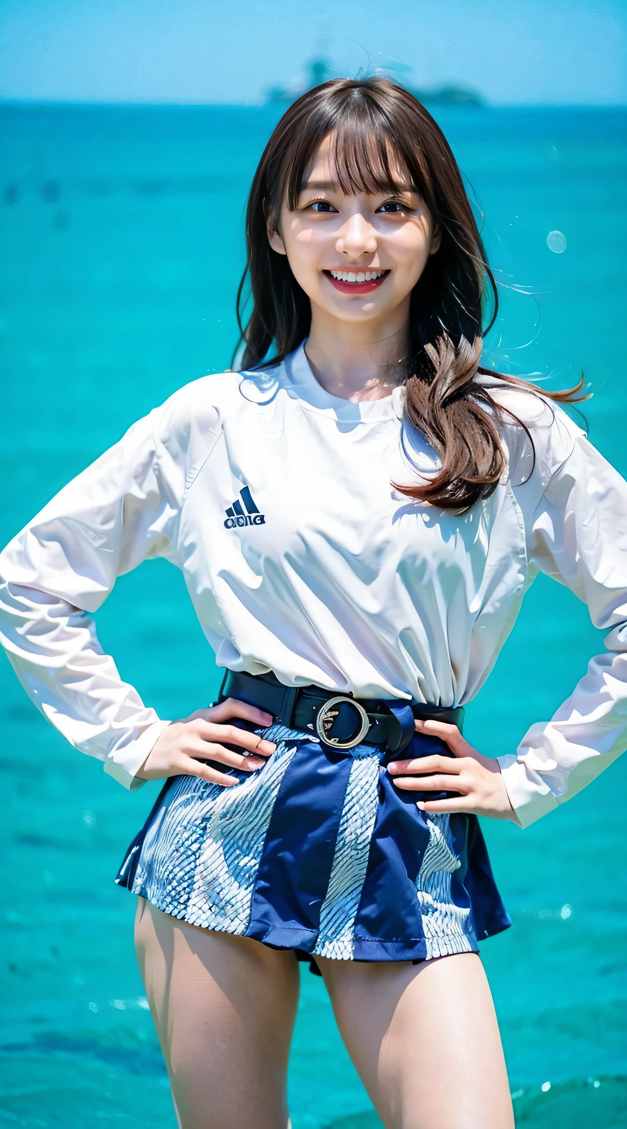 (8K、Raw photo、highest quality、masterpiece:1.2)、(realistic、Photoreal)、1 girl、((swimsuit、mini skirt、I can see your feet、stand with hands on hips、In the sea、belt、big breasts、Look at me and smile、stand with legs apart、))、lots of eyelashes、Glitter on your eyelids、skeletally correct、smile、standing with hands on hips、