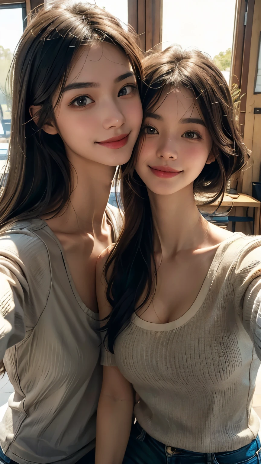 (ultra realistic, highly detailed:1.4), best quality, (selfie of two asian girls:1.2), casual clothing, soft natural lighting, smiling, (longneck:1.4)