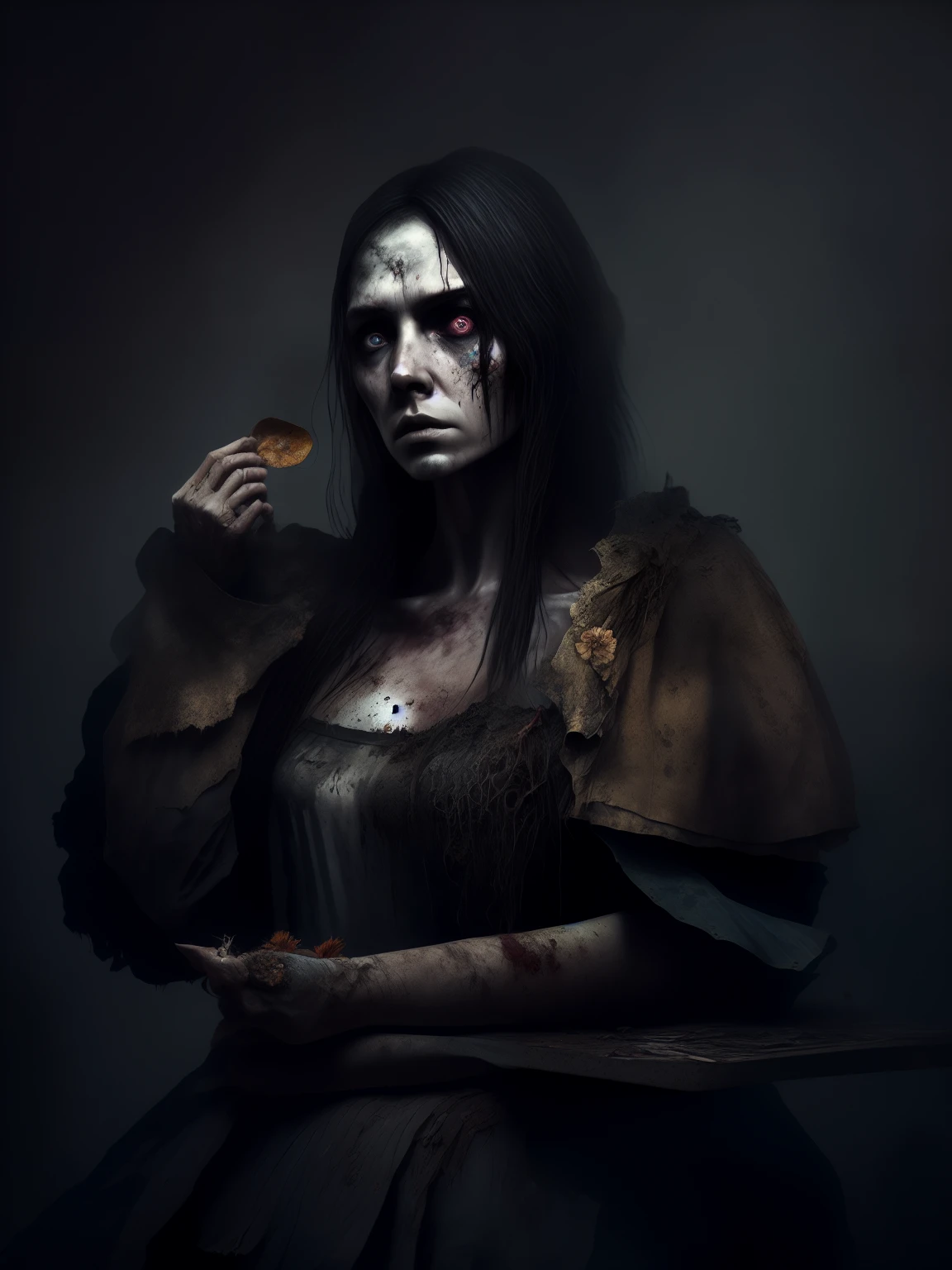 zombie, tattered ruined clothes, dead rotting skin on the face, dirty muddy hair, extremely detailed dried rotting peeling dead skin, malnourished woman, blind, wide angle, detailed environment, detailed background, highly detailed, intricate, detailed skin, natural colors, professionally color graded, photorealism, 8k, moody lighting, art by George Pfau