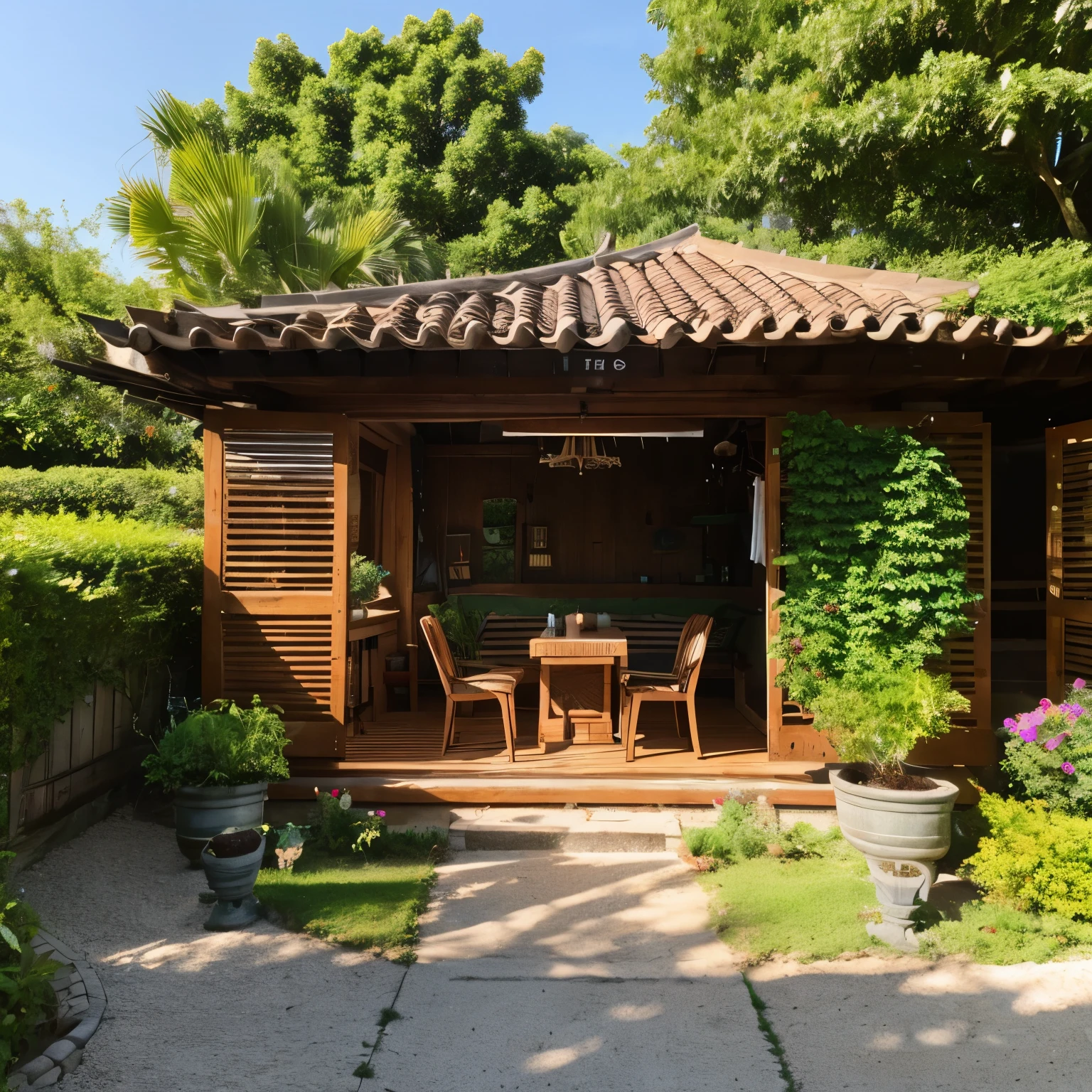 Tropical beach and Italian house on the beach、wooden patio and flowers growing。, liveliness, sunset, waterfall