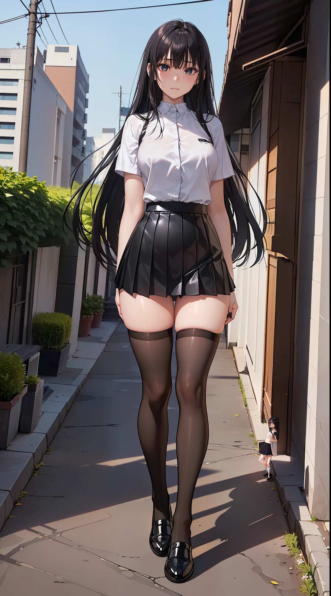 1girl, office, shirt, (angry), ((hourglass figure)), black tights, (from below), looking at viewer, ((thick thighs)), ((pussy))