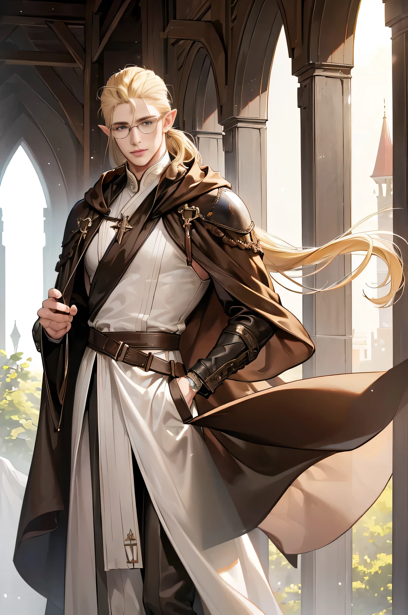 (((((male))))), masterpiece, ultra detailed, 8K Portrait, Raw photo, man's portrait photography, Highly detailed face, beautiful and meticulous eyes, ((Fantasy)), 35 years old (((man))), (((Male body))), elf, 190 cm, tall, Glasses, ((Blonde)) Ponytail (((slick back hair))), Kind face, Smile, adventurer, Hooded (((Dark brown silk long cloak))) Fluttering in the wind, (((white long tunic))), leather breast armor, Leather boots, Holding a long magic sword, Midday Sun, Hyper realistic, Strong body, Long legs, in a castle, Ambient lighting, Shadow details , Camera focus on face, strong breeze, Light fog