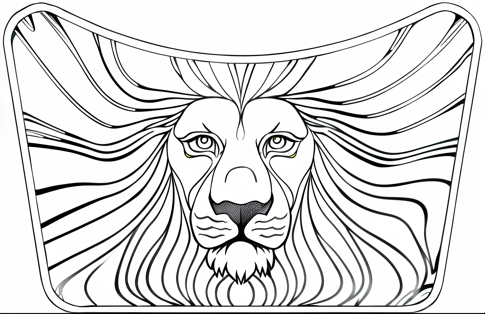 (Monochrome, Adult Colouring Pages, Vectorized) Minimal vector design::5 , a minimalist head and shoulders image of an angry lion head in a symmetrical oval frame with lion hairs all over the frame, head, composition, hairs. Background decoration, lion head hair extended and spread throughout the image, minimal lines, text, smooth lines, vector design with image,no shadows and thick lines, almost no details, black and white, no colours