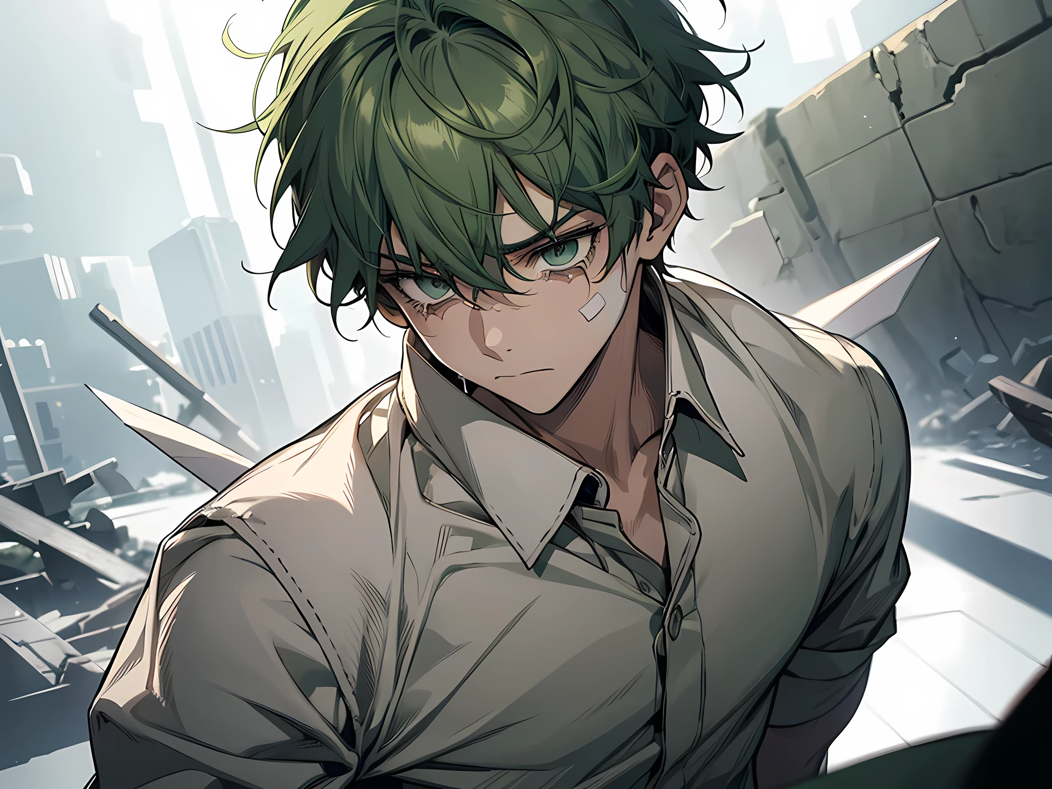 image of a boy with bandages on his face, he has wounds on face, green eyes, green hair, smooth hair, short hair, crying, getting stabbed with a sword, wearing white school shirt, half body illustration, sad expression, loser, weakling
