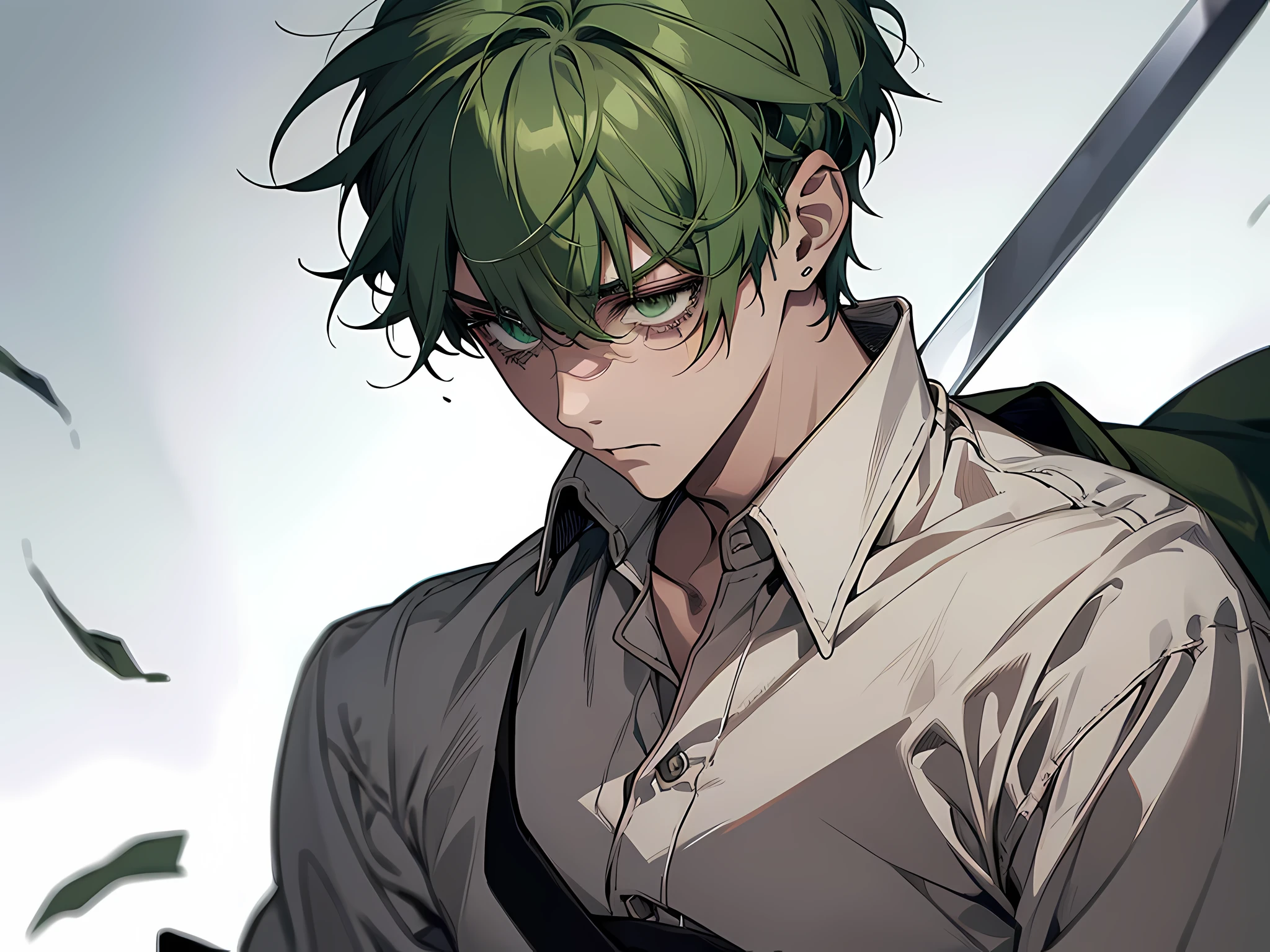 image of a boy with bandages on his face, he has wounds on face, green eyes, green hair, smooth hair, short hair, crying, getting stabbed with a sword, wearing white school shirt, half body illustration, sad expression, loser, weakling