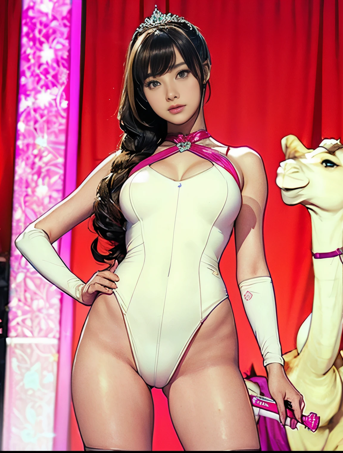 whole body、((beautiful girl、Cute type))、((Beautiful 14 year old girl))、 ((leotardsbeautiful girl：1.5))、((A beautiful girl wearing a three-coloRed leotard: Red, green, and white.))、((shouted in surprise))、((please open your eyes：1.5))、((from below：1.5))、Ultra-fine painting、((両脚を左右に開いてstand：1.8))、((Beautiful 14 year old girl))、((beautiful girl wearing a tiara))、((((baton twirl))))、((huge ))、open mouth、(Live shooting)、(masterpiece:1.4)、(best quality:1.4)、((stand))、((long hair ponytail))、((Have bangs：1.4))、((thin thighs：1.5))、Beautiful girl with a fuchsia Reddish choker around her neck、Delicate skin、Thigh clearance、((City))、[:(Face:1.2):0.2]、clavicle、((Hasselblad photos))、(((camel toe)))
