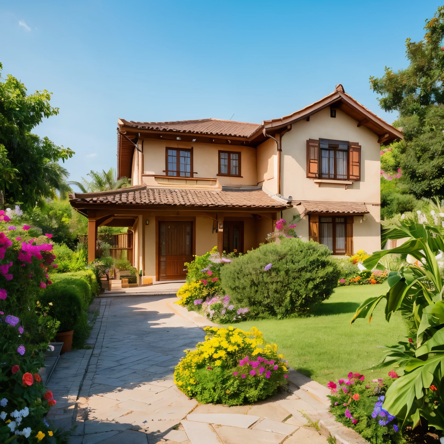 Tropical beach and Italian house on the beach、wooden patio and flowers growing。, liveliness, sunset, waterfall