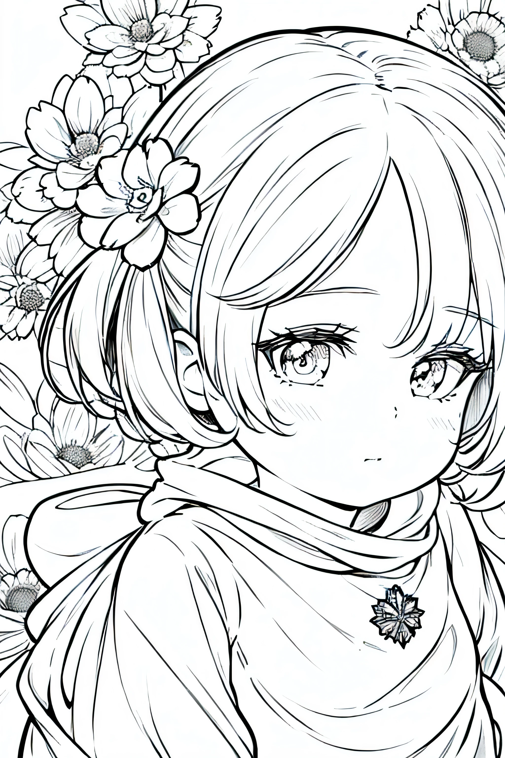 Detail face, ((Perfect details)), Cold light, ((Data in eyes)), ((Data embellishment hair)), Line drawing, Monochrome, Line drawing cute baby, white hair, flower line drawing background