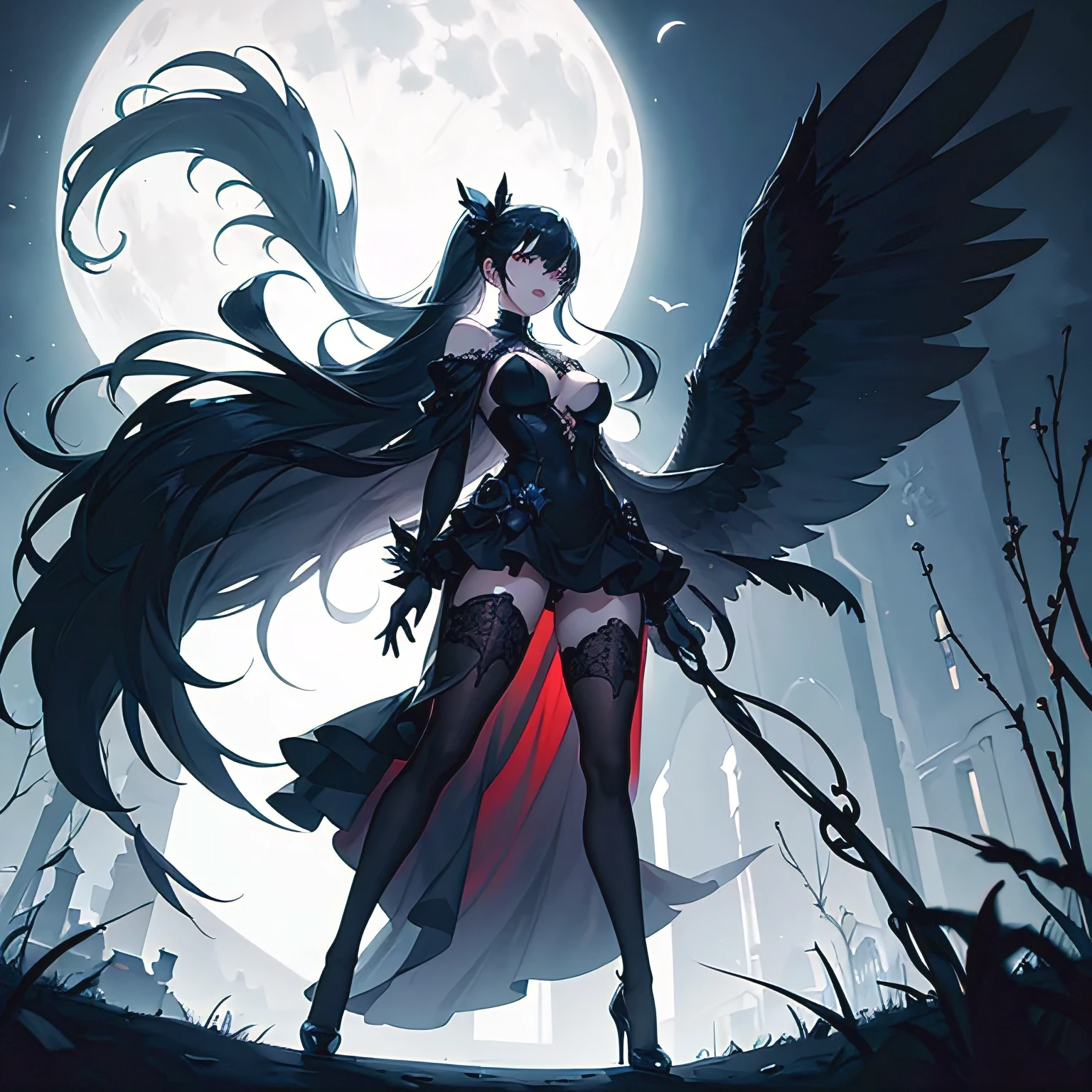 
（dark atmosphere，Goethe fashion，bright colors），（best quality，Super exquisite，），Sexy goth elf girl，rose garden at night，beautiful and delicate eyes，Blue pointed black straight ponytail，Crow feathers，red lipstick，mysterious smile，Pale complexion，Fishnet socks，black lace dress，Pointed-toe bootysterious aura，The moonlight reflects her elegant silhouette，Soft shadows and soft highlights，Contrasting colors create a vibrant atmosphere，Dark and moody color palette，Subtle yet dramatic lighting effects，Sublime darkness intertwined with exquisite moonlight, d cup breast 