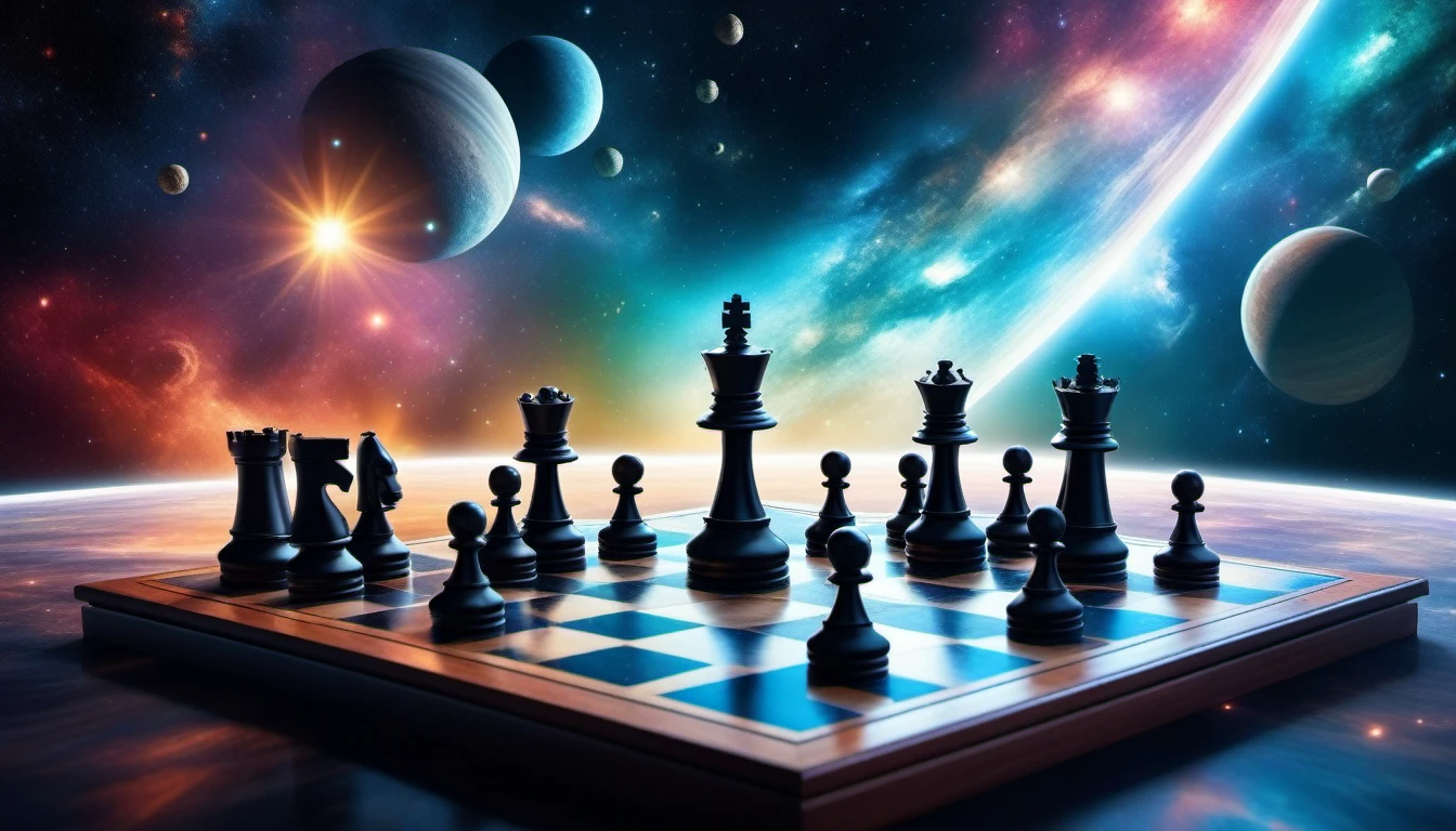 A spaceship playing a chess game in outer space, giant pieces, alien spectators, a spaceship moving the chess pieces, a spaceship watching the game, light reflections and shine, three-dimensional effects, dramatic effects, Gravity distortion, colorful nebulae and galaxies, fantastic space atmosphere