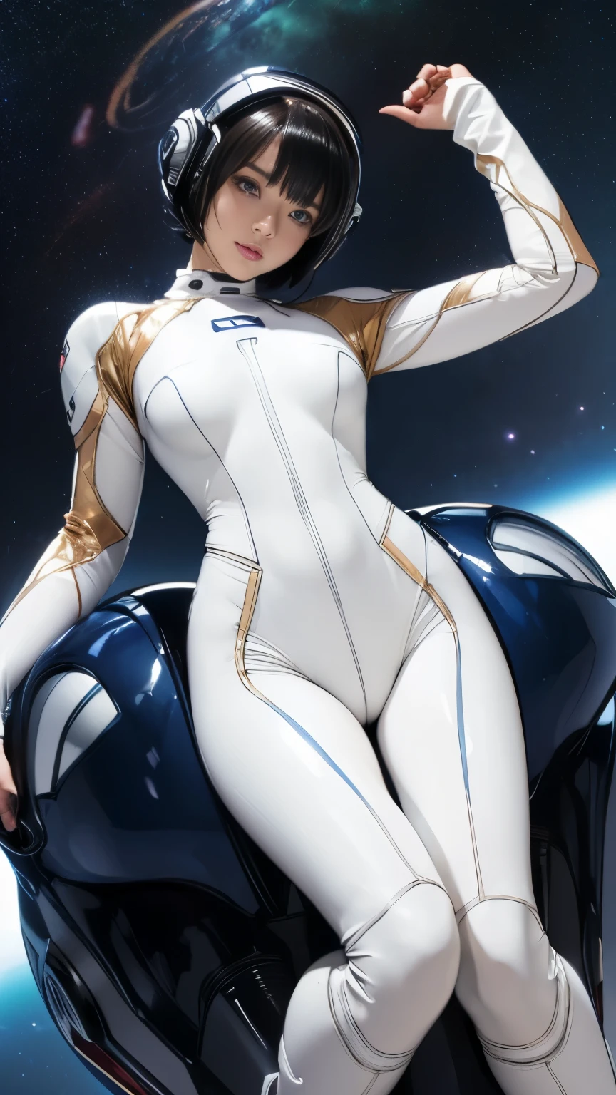 (masterpiece、highest quality、highest resolution、clear_image、Detailed details): (full body figure、15 year old girl、Japanese face、small face、thin、navy blue super short bob cut hair、blue colored eyes、((navy long sleeve space suit、space helmet))、headset、cosmic handbag、cute type、gentle smile、soft expression、headset、(((knee high boots)))、gloves up to the elbow、eye level shot、face directly、woman on a spaceship), (((camel toe))), ((Pure white leotard))
