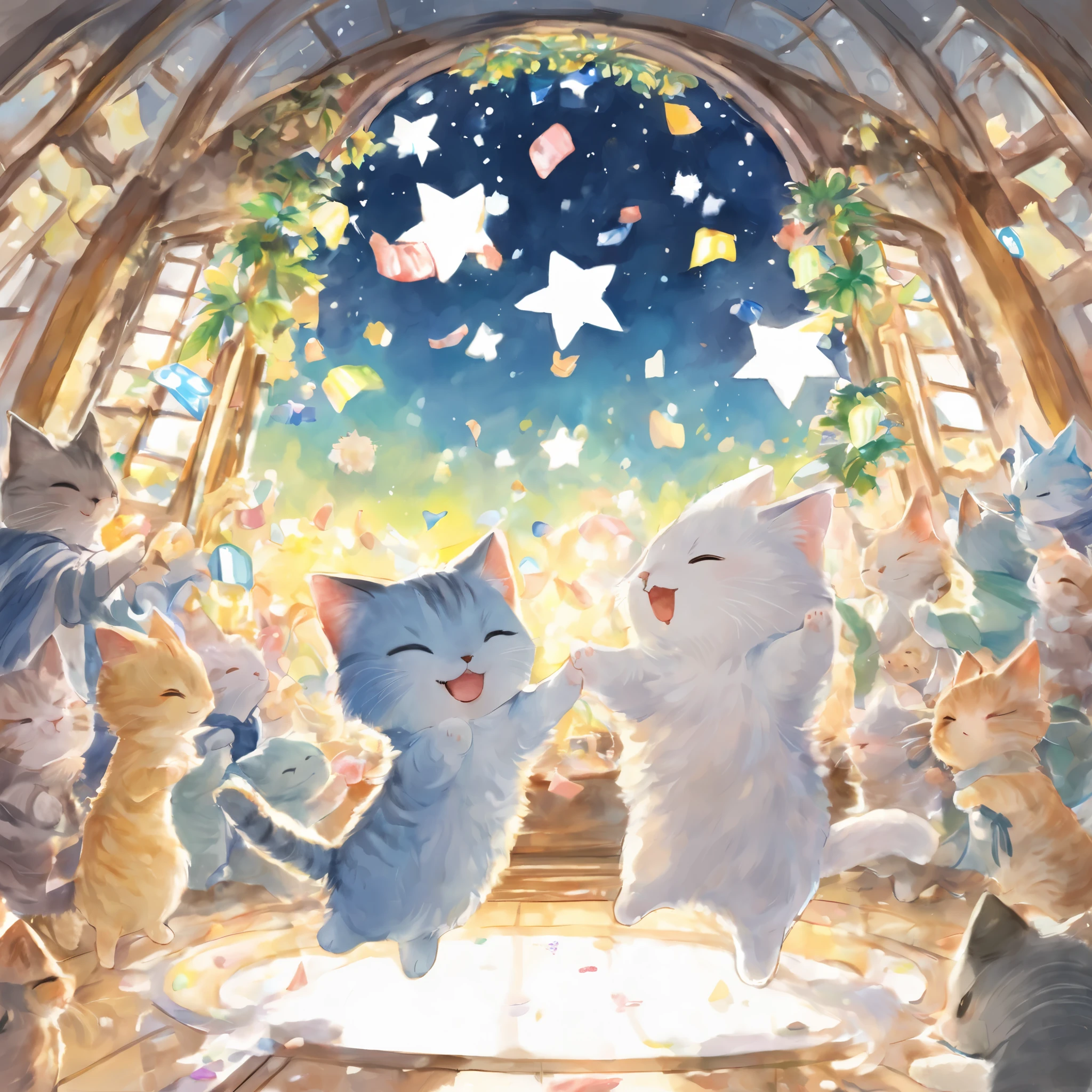 ((Playing cat)),dance,please raise your hand,jump,open your mouth,indoor,masterpiece,highest quality,fluffy cat,a bit,cute,,fun,happiness,,stylish scenery,Sparklingエフェクト,celebration,anatomically correct,all the best,最高にcute猫,cute猫,fantasy,randolph caldecott style,enlightenment,watercolor painting,Gentle colors,((Hanabubuki)),Sparkling,star,light,sequins,crown,The king's cloak