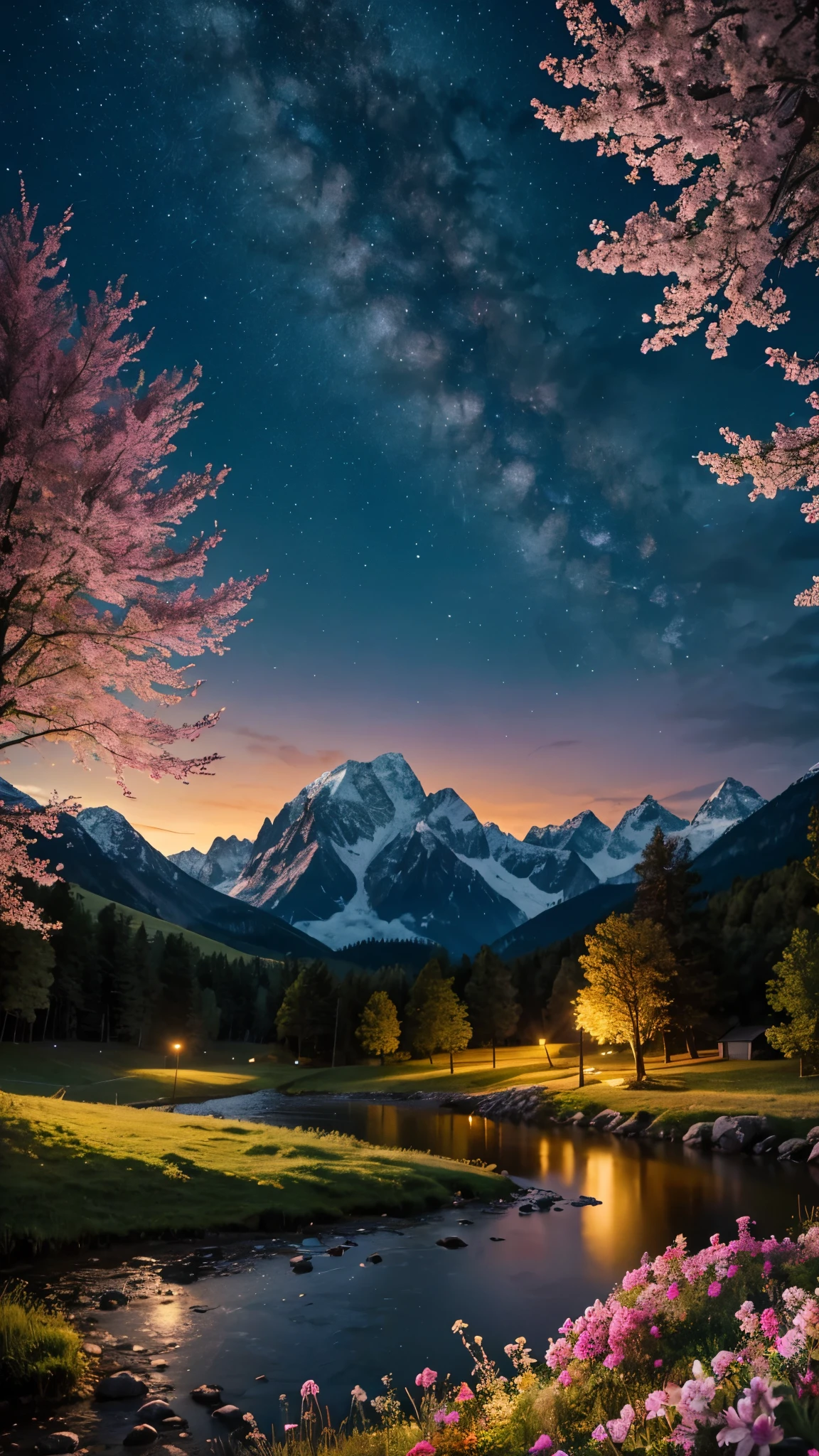 Beautiful night landscape with mountains and trees and flowers artwork of the highest quality 8k