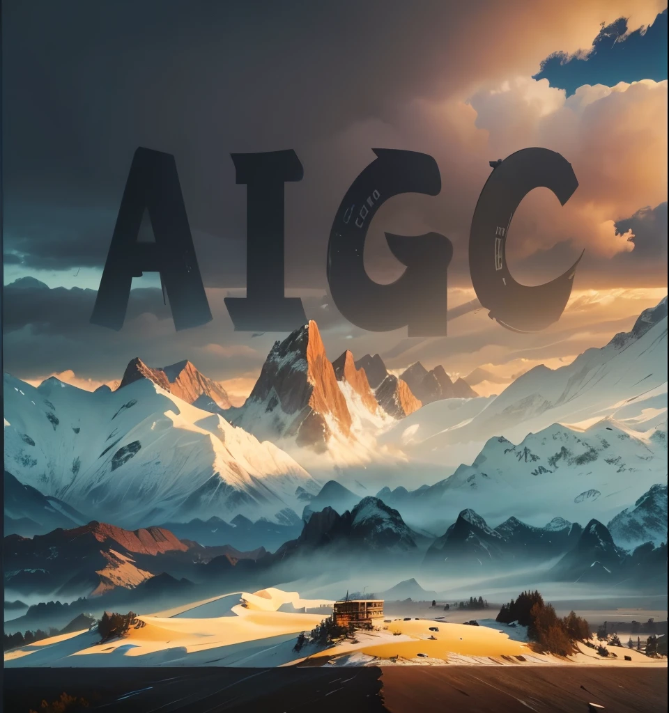 Close-up of a mountain with cloudy sky,It says "aigc", Inspired by Alexis Grimaud, alpine climate, Inspired by Alexander Giemsky, against a scenic background, Alps in the background, cover art, intermediate art, AI-generated images, All set within stunning outdoor landscapes, great great essay