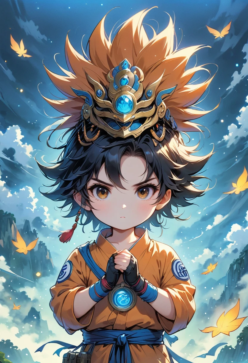 Goku Chibi, 1boy, male focus, super sayykin, Goku costume, alone, sky空, cloud, sky, blue sky空, boy, outdoor, Upper body, overcast sky空