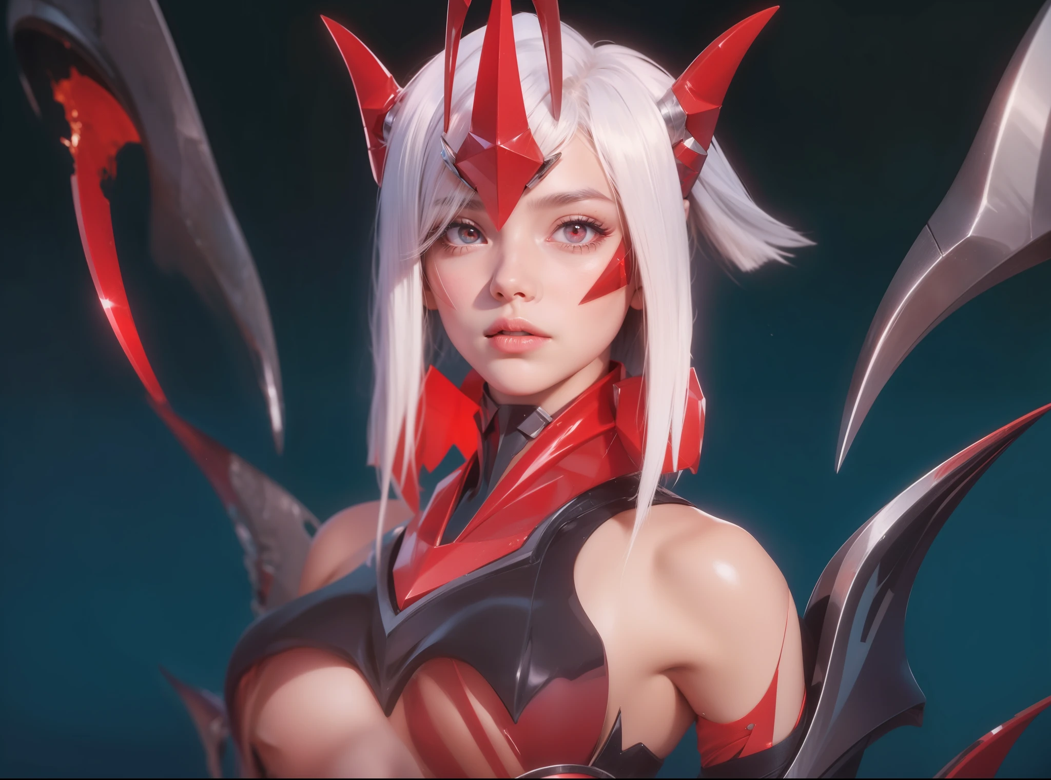 (max resolution: 1.2), (Ultra HDTV: 1.2), 8K resolution, Eye and skin details, face details, , (Sharp focus: 1, 2), (Precise focus ) facial expressions: 1,2), Girl portrait, (long hair), (short hair), White hair, Red eyes, Crystal red horn,
