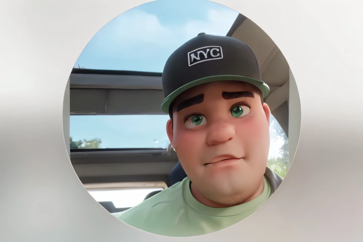 fat man with black cap and green shirt and green eyes