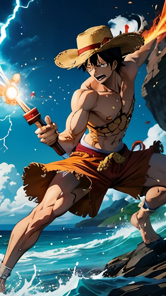"Create a stunning image capturing the epic moment when Monkey D. Luffy unleashes Gear 5, channeling his immense power and determination from the anime One Piece. Show Luffy in a dynamic pose, radiating energy with his signature straw hat, as he prepares to overcome any obstacle in his path with his newfound strength.", hd, masterpiece, dramatic, thunder Strom,